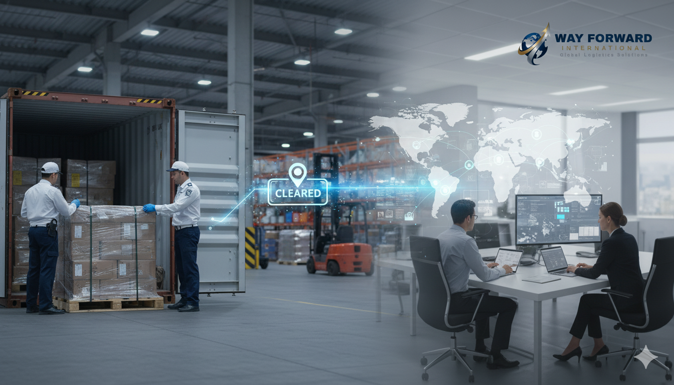 Warehouse scene with two workers handling pallets and digital overlay of a world map and 'Cleared' label, alongside office workers monitoring logistics on screens.