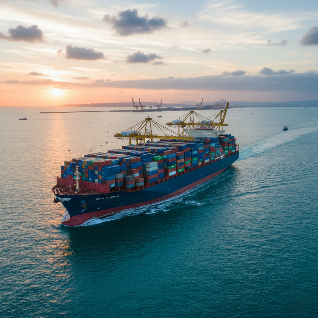 A large container ship sailing in the ocean at sunset, carrying numerous cargo containers and equipped with yellow cranes for loading and unloading.