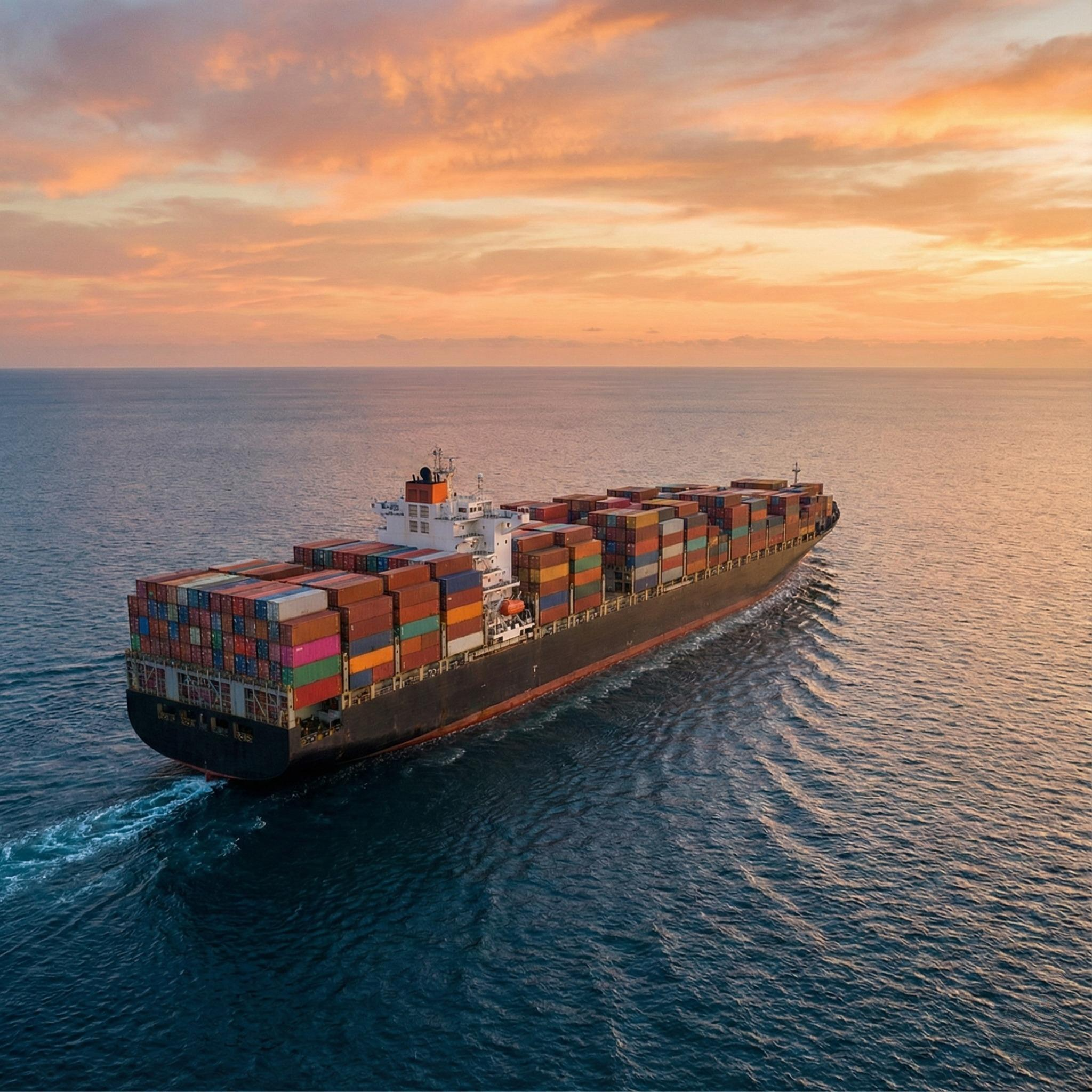 A large cargo ship carrying stacked shipping containers sailing in open ocean during sunset