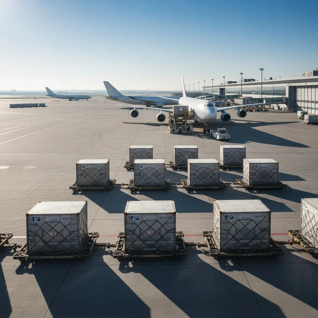 An airport tarmac with cargo containers, moving towards an airplane that is at a gate, with other airplanes in the background and a clear blue sky.
