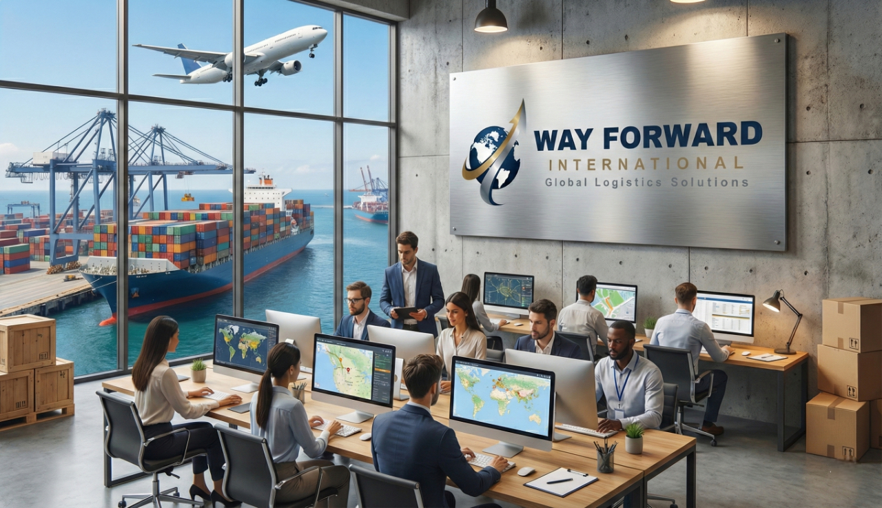 An office with several people working at desks with multiple monitors, inside a building with large windows overlooking a cargo ship, airplane, and port.