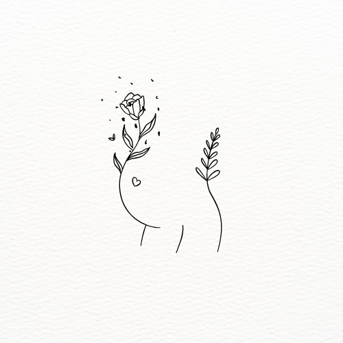 Minimalist line drawing of a face with a flower growing from the head and small hearts and dots around it.
