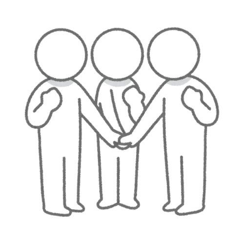 Three faceless figures holding hands in a circle.