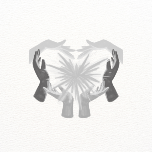 Illustration of multiple hands shaping a heart with a burst of light in the background.