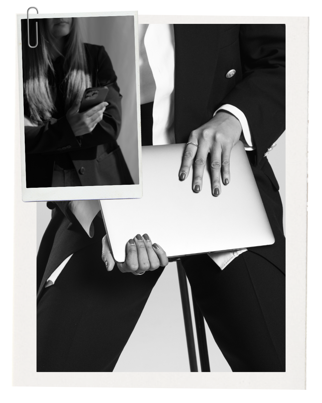 Black and white photo of a person in a suit holding a closed laptop, with a cutout photo of a woman in a blazer looking at her phone pinned to the larger image.
