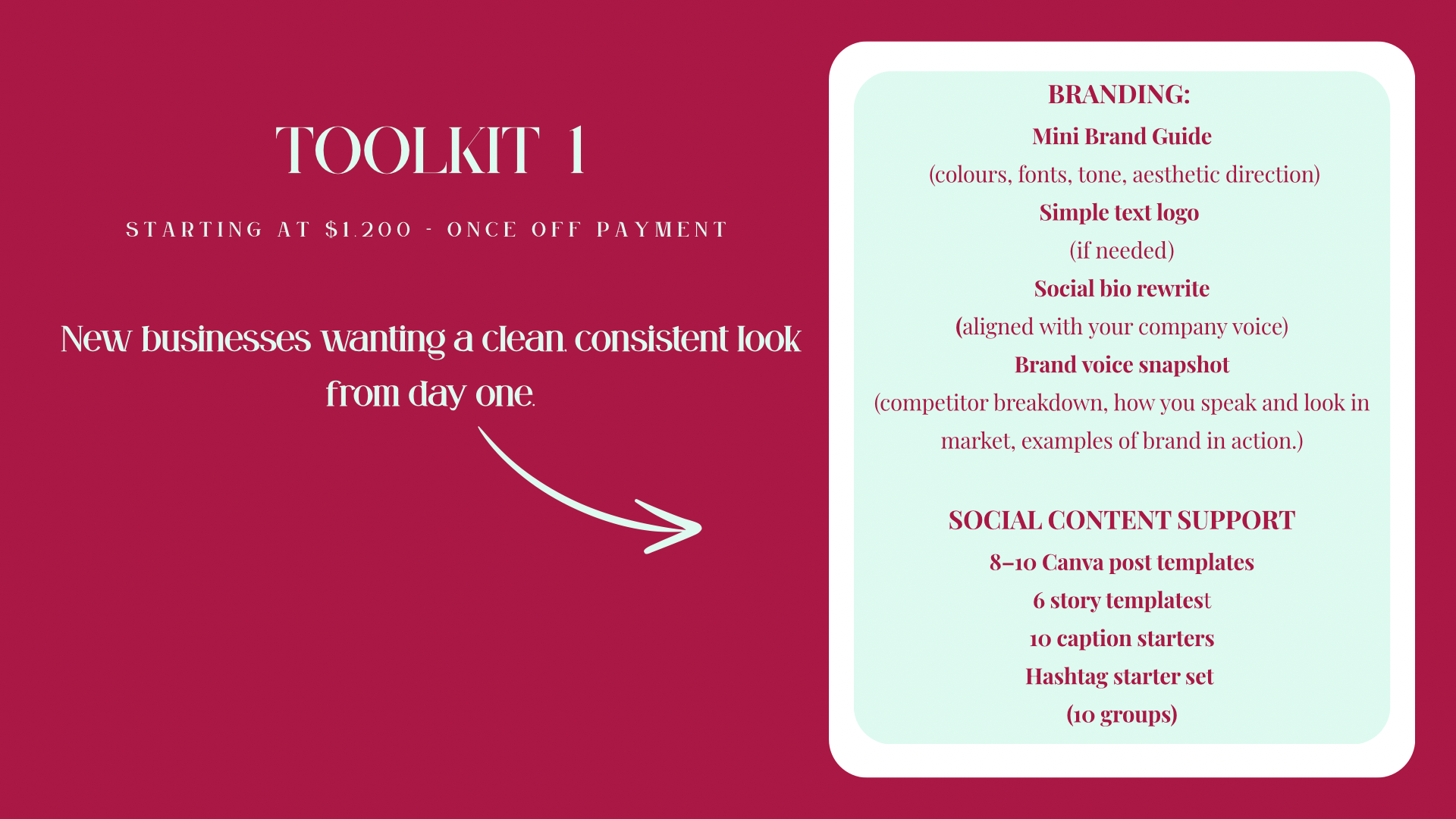 A marketing flyer or presentation slide with a magenta background. It features the heading 'TOOLKIT 1' and states 'Starting at $1.200 - once off payment.' Below, it reads, 'New businesses wanting a clean consistent look from day one.' An arrow points from this text to a white rounded rectangle on the right. Inside the rectangle, there is a list titled 'BRANDING: Mini Brand Guide' with tips in pink font, such as colors, fonts, tone, aesthetic direction, simple text logo, social bio rewrite, brand voice snapshot, and competitor breakdown. Below, there's a section titled 'SOCIAL CONTENT SUPPORT' listing various social media template sets and groups.