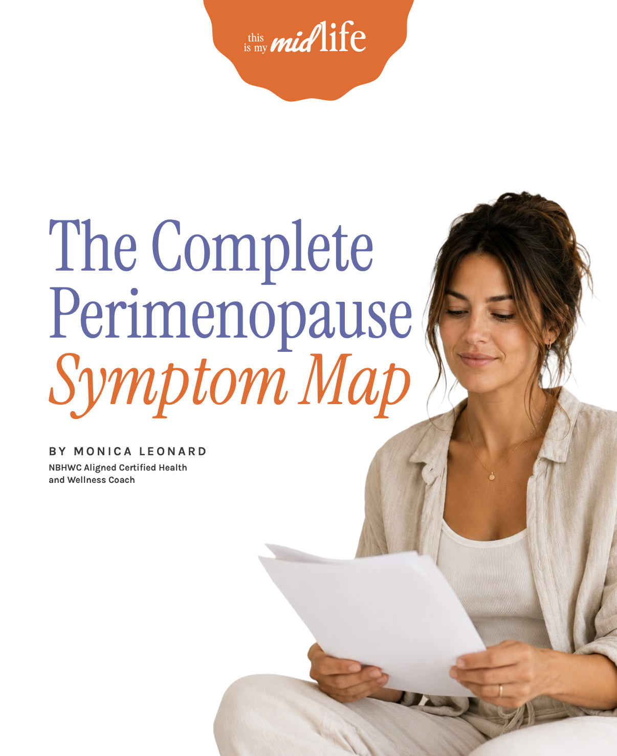 Book cover titled 'The Complete Perimenopause Symptom Map' by Monica Leonard, featuring a woman with short dark hair reading papers, dressed in a beige shirt, against a white background.