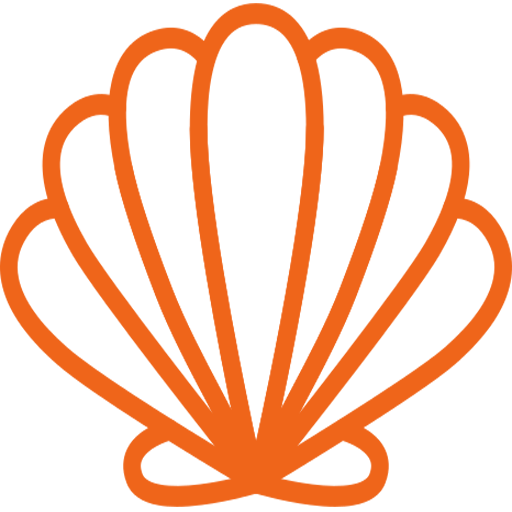 Outline of an orange seashell on a black background.