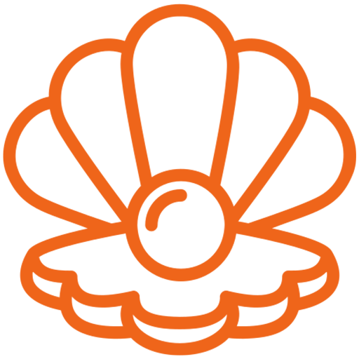 Outline of a seashell with a pearl inside, in black and orange colors.