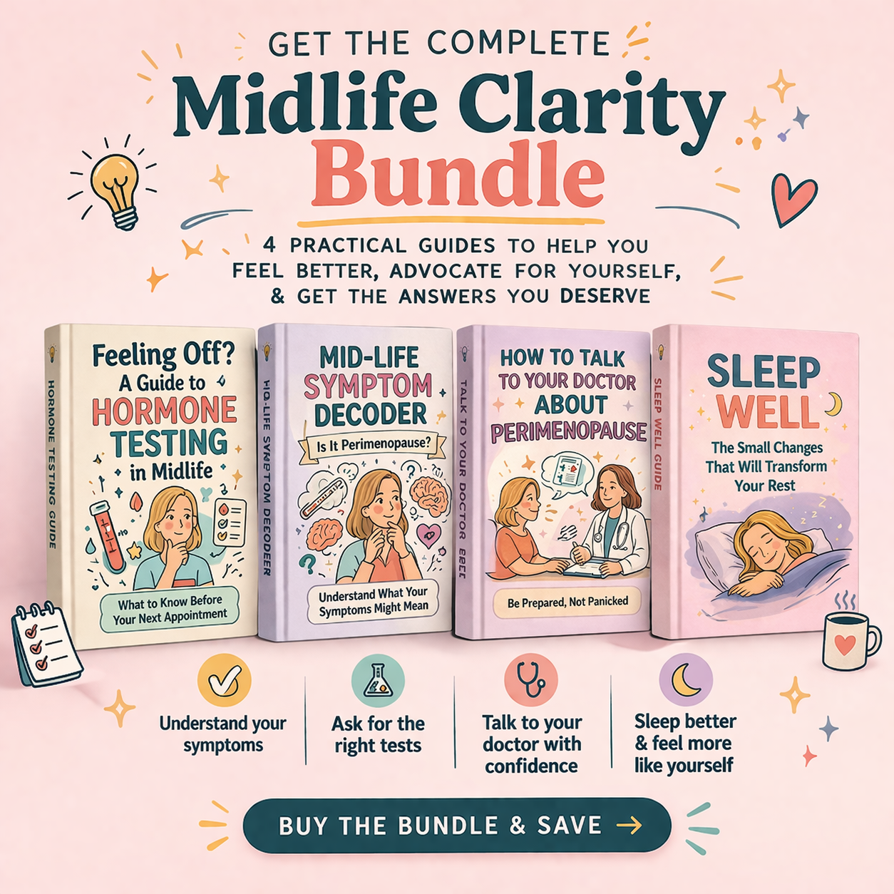 Image showcasing a promotional graphic for a midlife clarity bundle that includes four guides on health and well-being topics like hormone testing, symptom decoding, menopause communication, and sleep improvement. The graphic features illustrated books, icons, and text highlighting benefits such as understanding symptoms, asking the right tests, confident doctor conversations, and better sleep. The background is pink with decorative illustrations and a call-to-action button saying, 'Buy the bundle & save.'