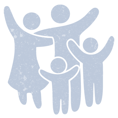 Illustration of a group of four people, likely a family, with two adults and two children, raising their hands in celebration or greeting.