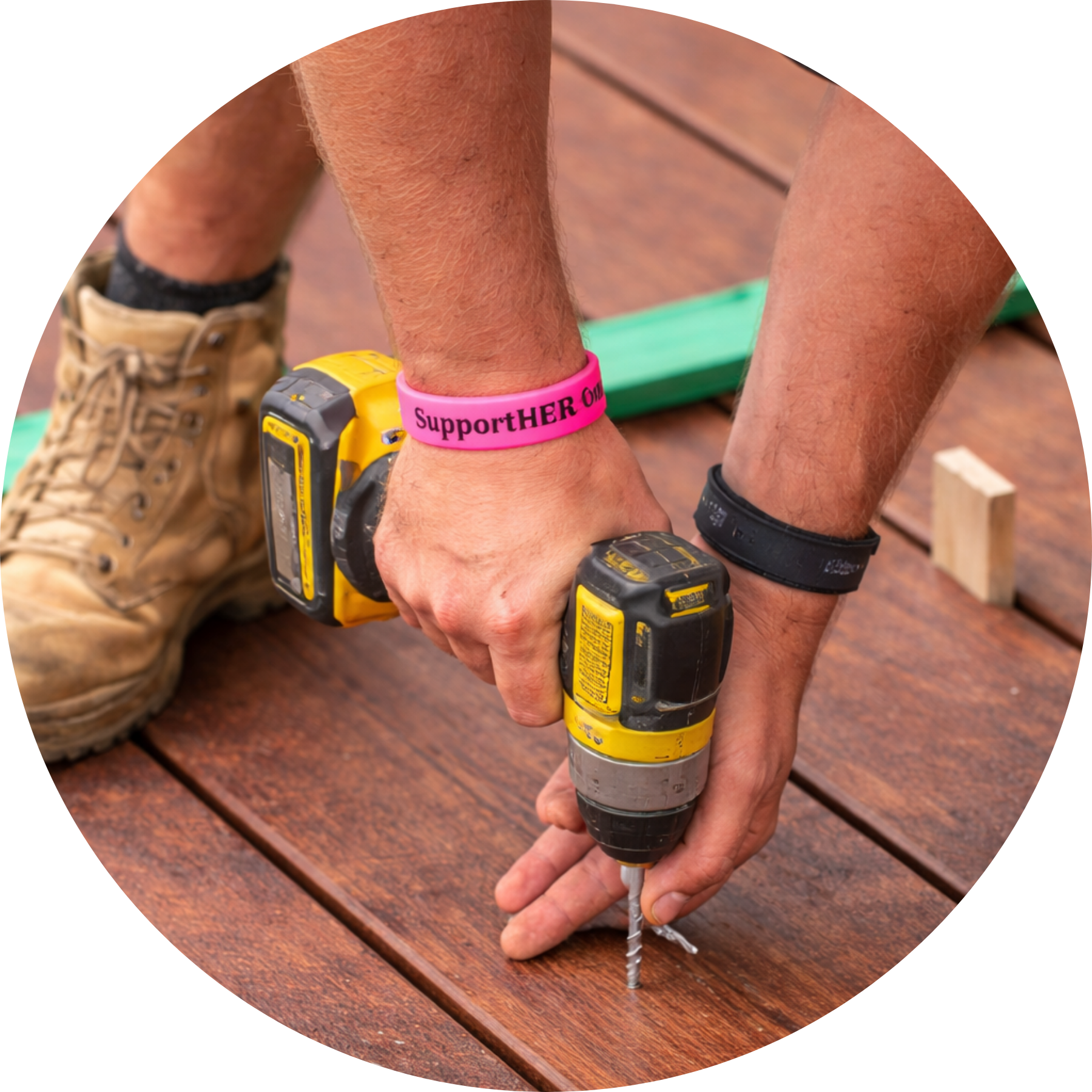 Close up of tradesman wearing SupportHER On Site wristband on site Australia