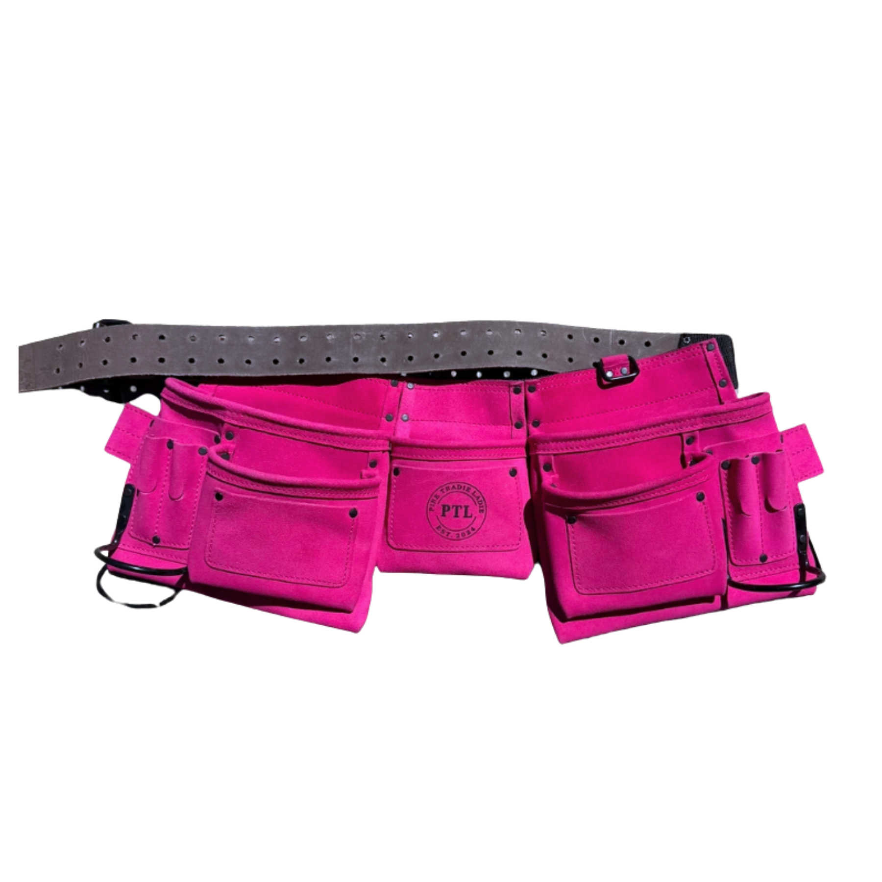 Pink Tradie Ladie tool belt worn on site by female tradie