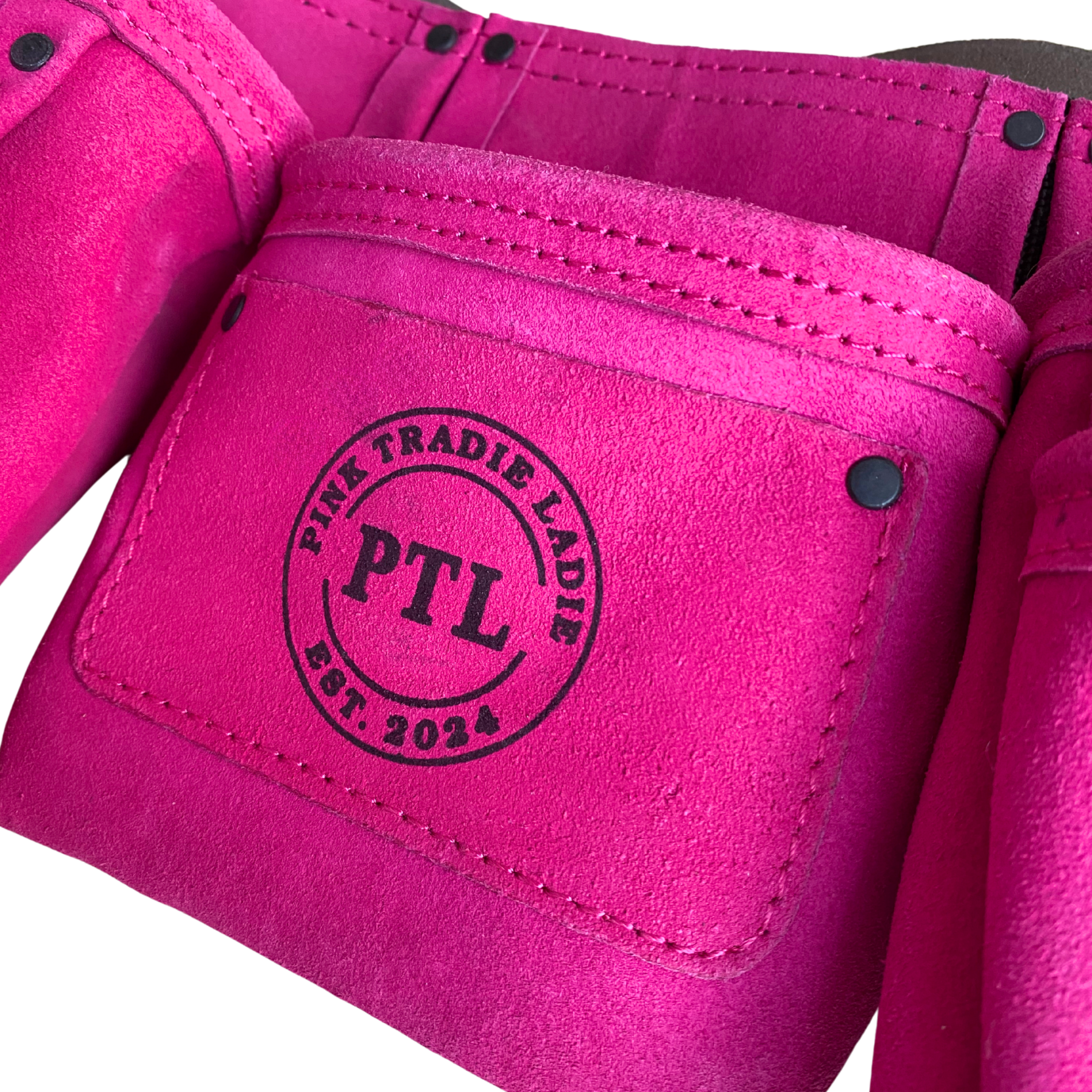 Pink Tradie Ladie branded tool belt close up product shot