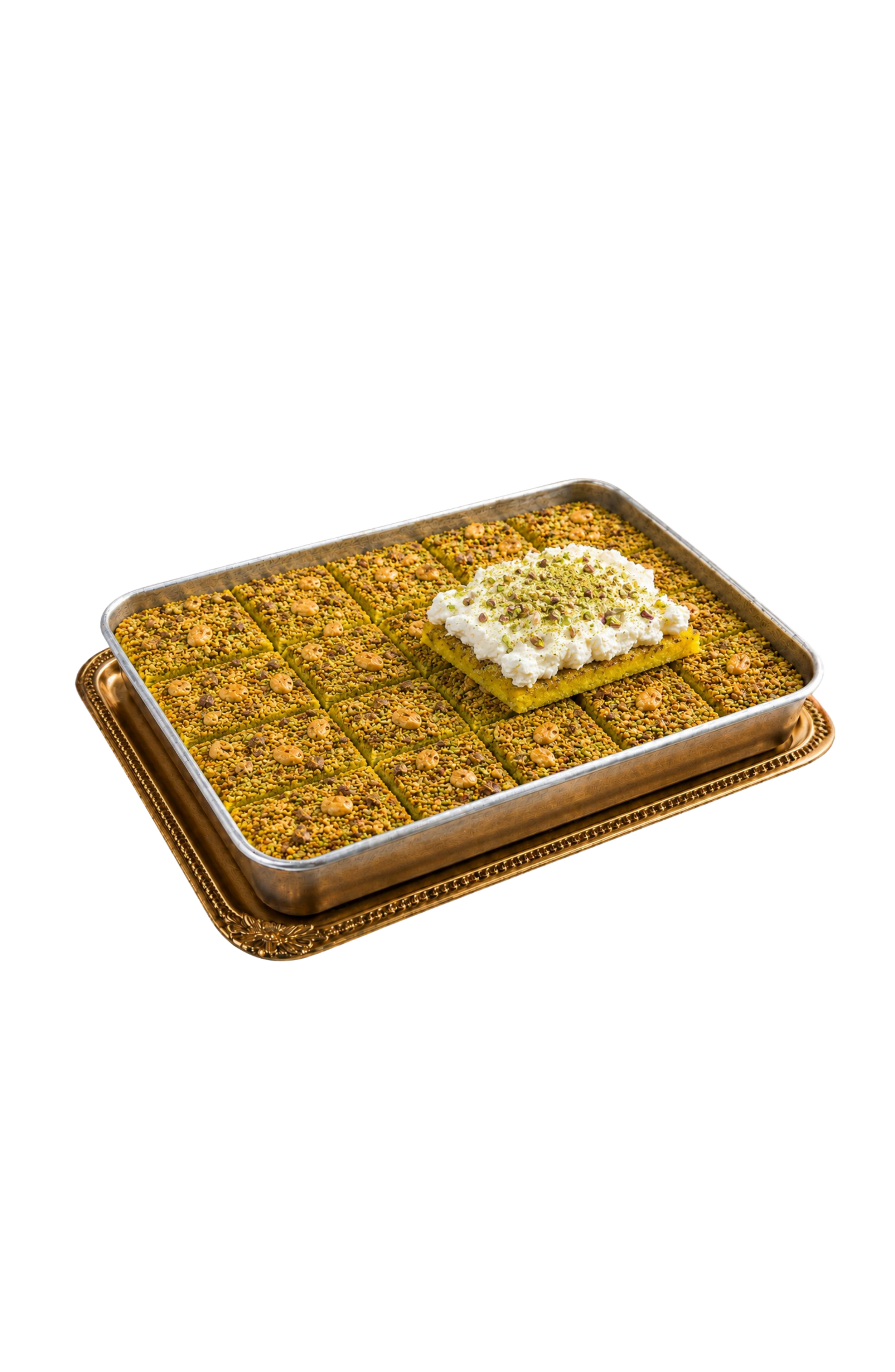 Traditional Palestinian madlouka made with knafeh dough and syrup, topped with creamy ishta and pistachios.