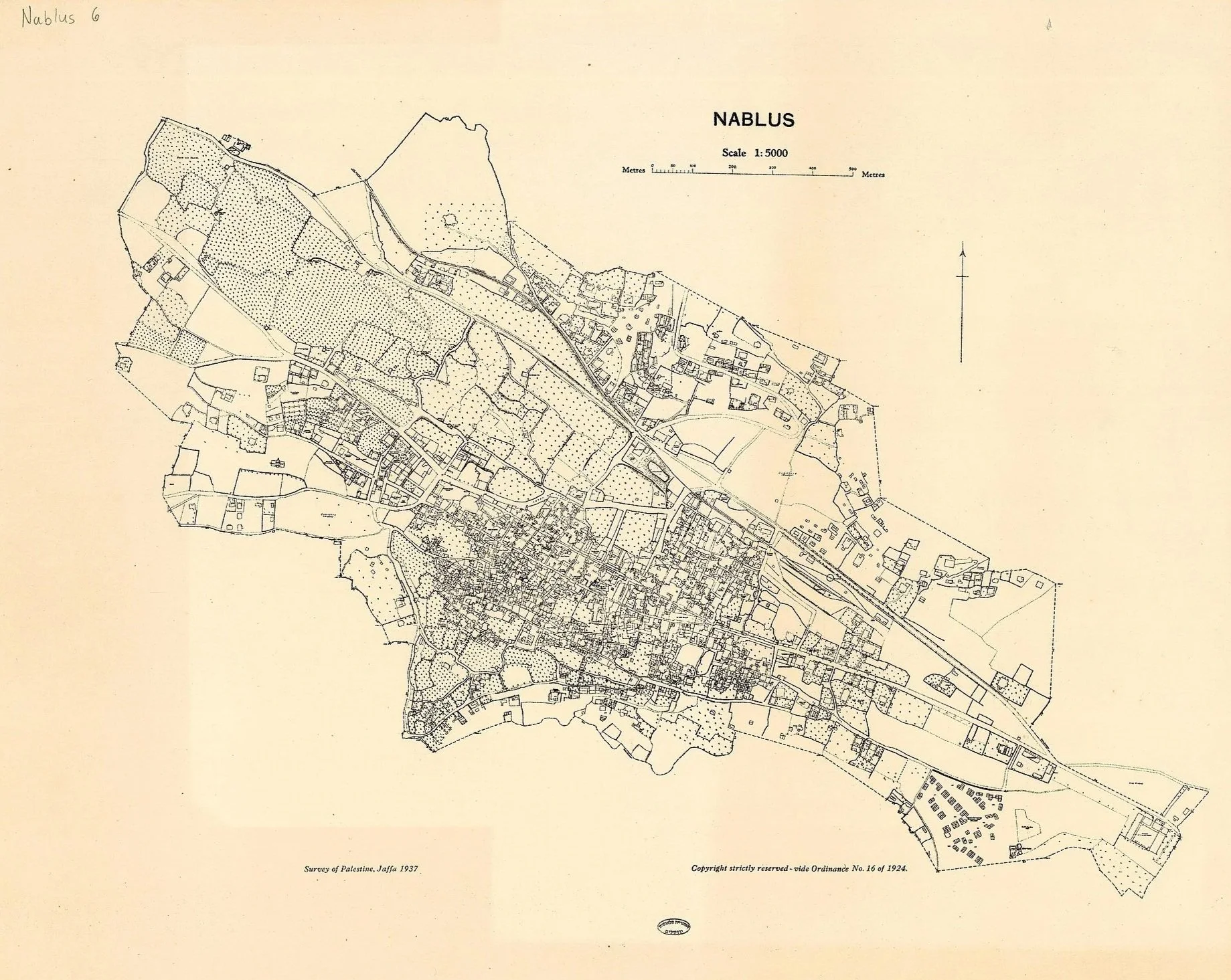 A detailed historical map of Nablus, Palestine, from 1937, showing streets, buildings, and land divisions with a scale of 1:5000.
