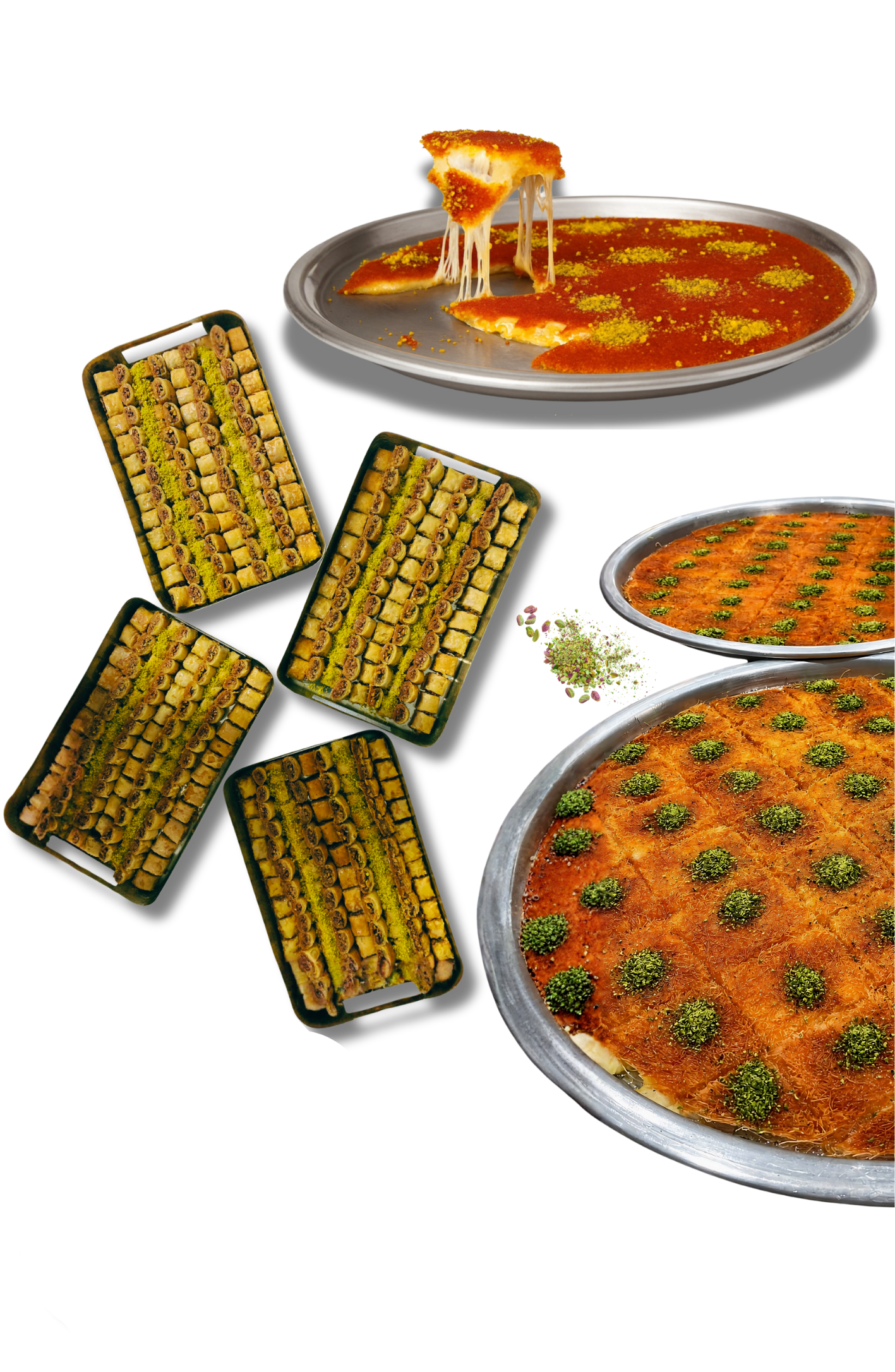 Various Middle Eastern desserts including baklava, kanafeh, and knafeh topped with pistachios, served in different trays and plates.