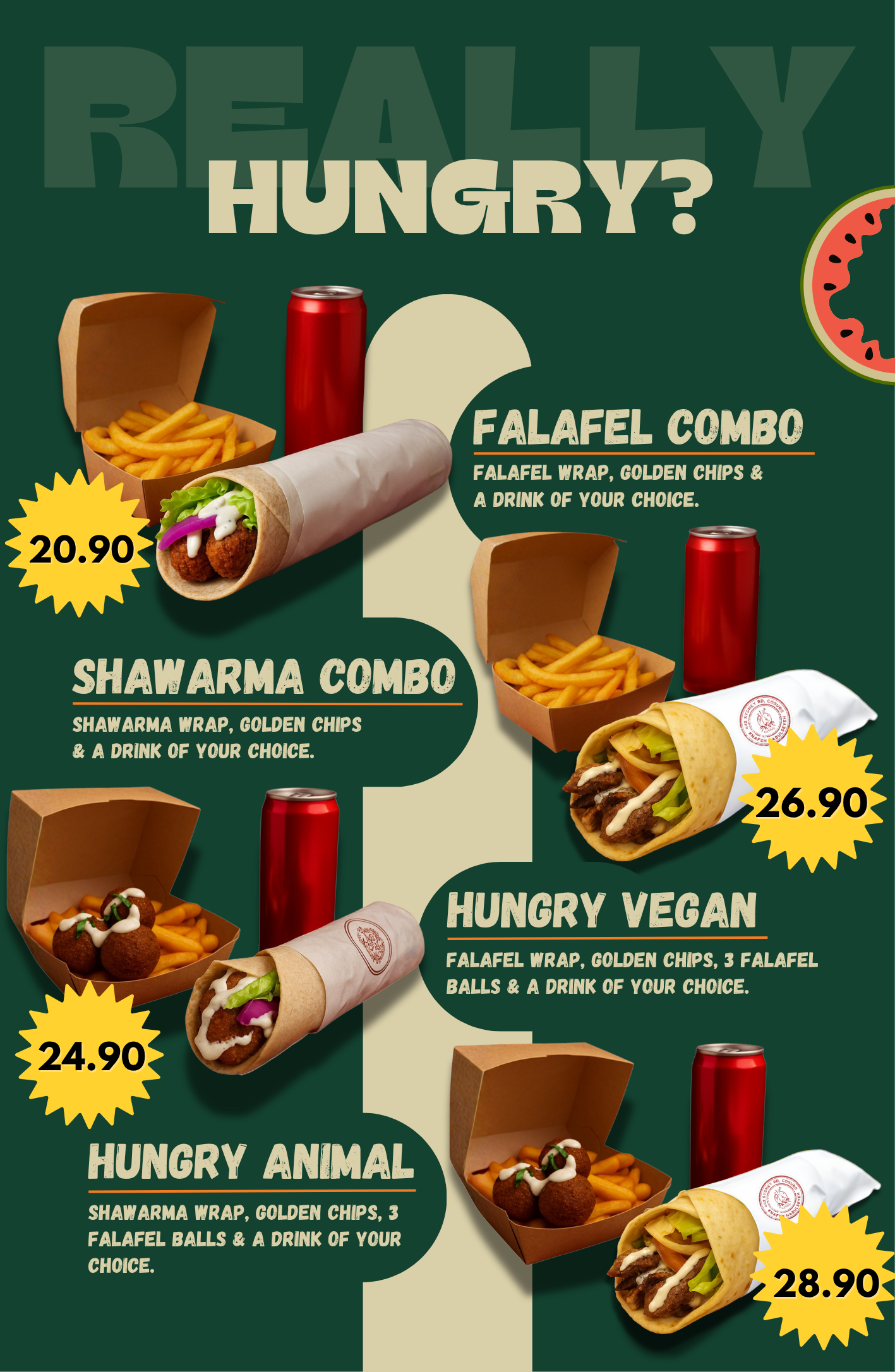 Menu advertisement featuring three meal combos: Falafel Combo with falafel wrap, chips, and a drink; Shawarma Combo with shawarma wrap, chips, and a drink; and Hungry Vegan with falafel wrap, chips, falafel balls, and a drink. Prices range from 20.90 to 28.90.
