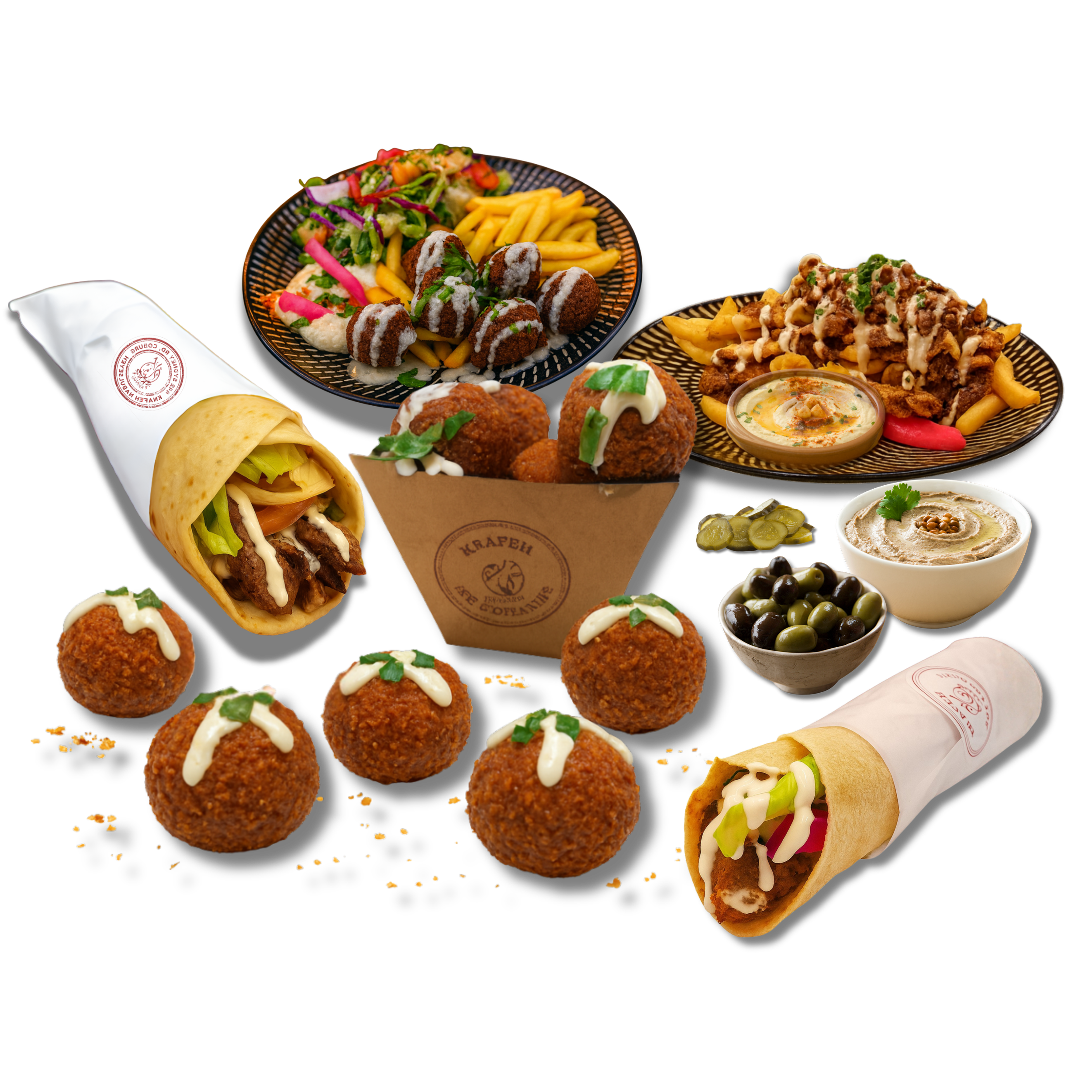 Assorted American fast food dishes including salad, French fries, fried chicken bites, a wrap, and dipping sauces.