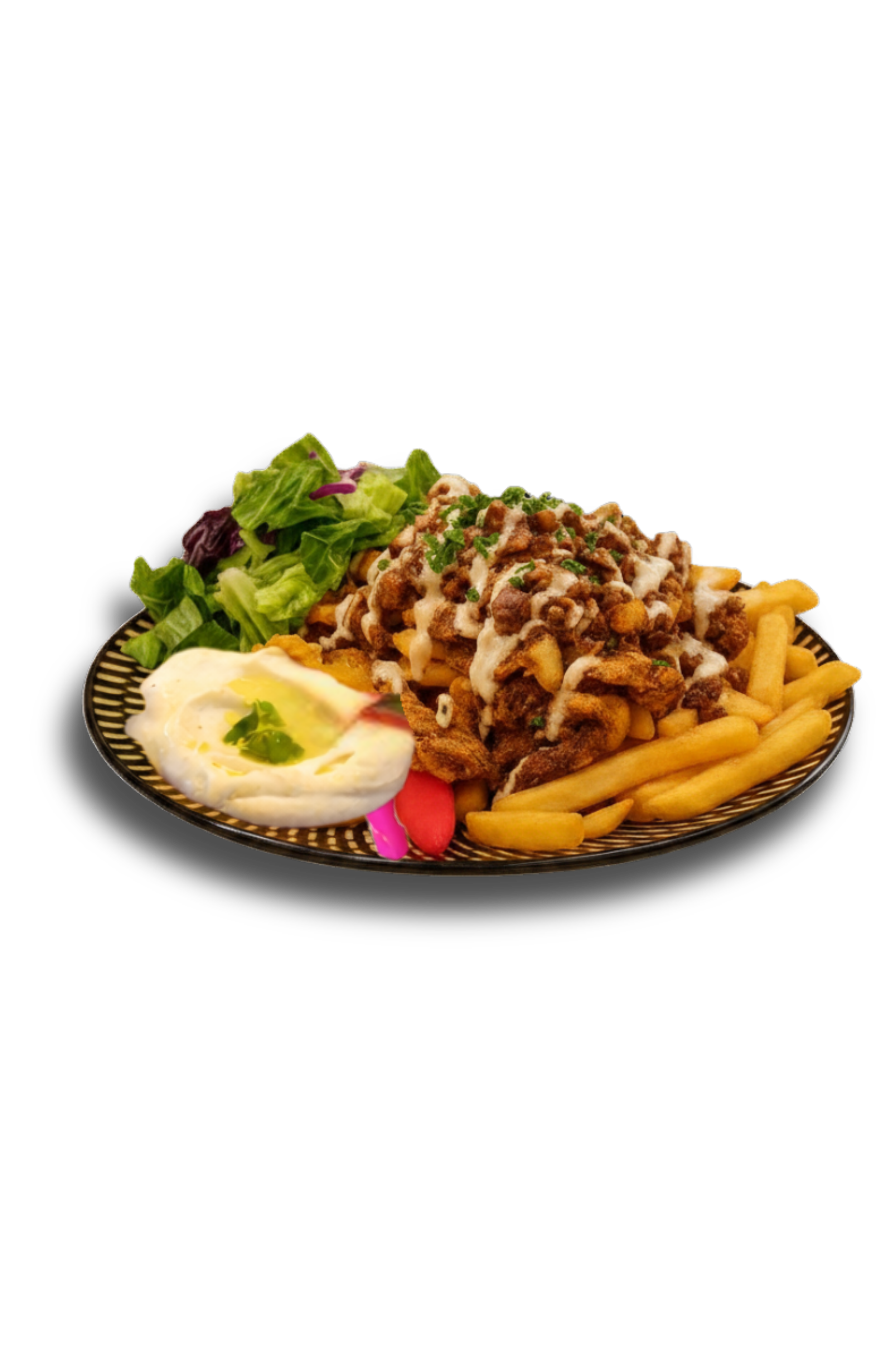 Palestinian-style shawarma plate with seasoned meat, fries, salad and traditional Middle Eastern accompaniments.