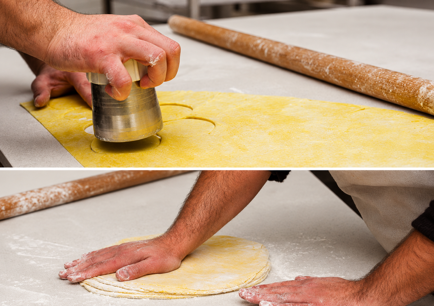 A person is using a round cookie cutter to cut shapes out of rolled out dough on a countertop, with a rolling pin nearby.