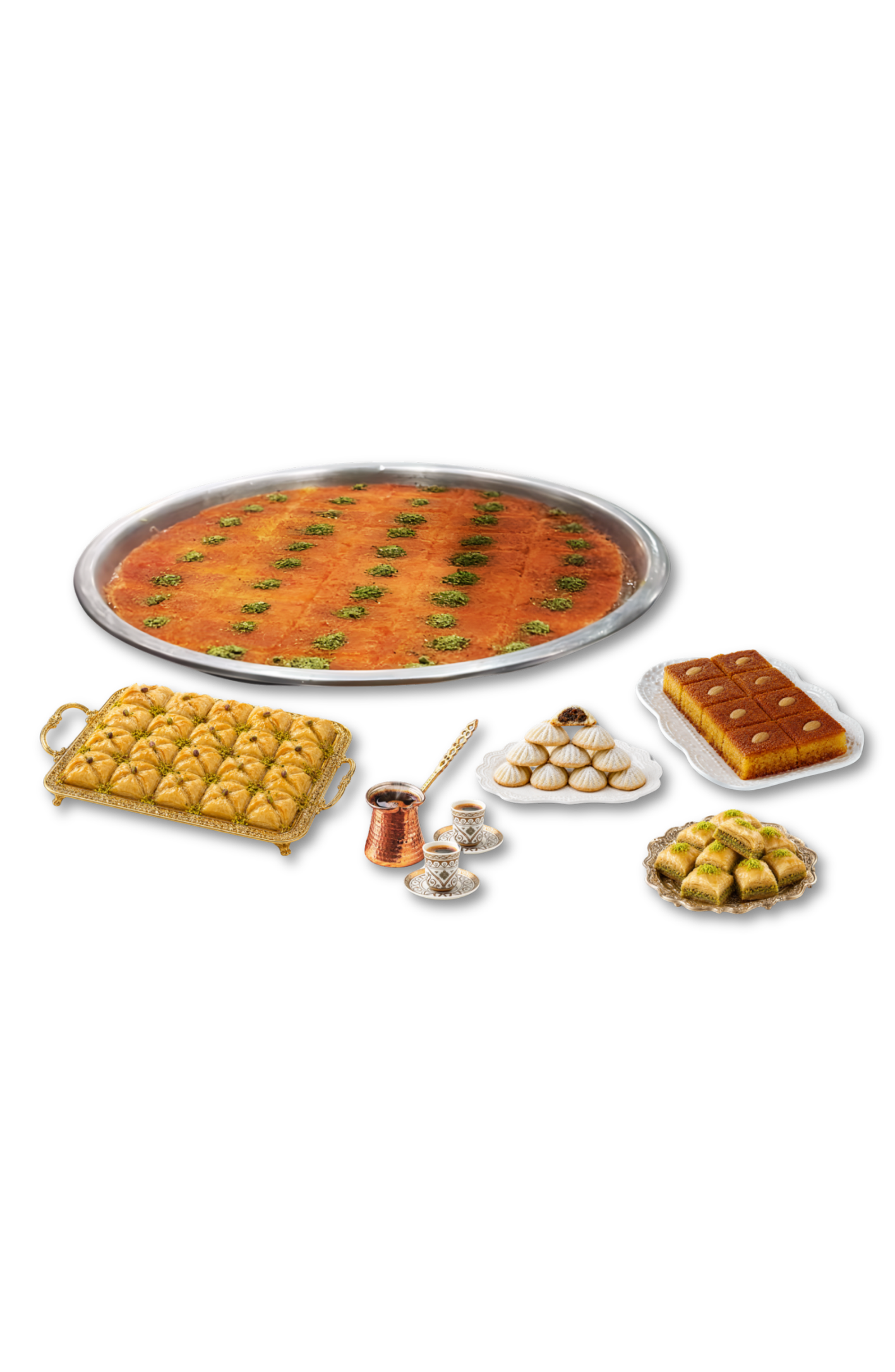 Assorted Middle Eastern desserts and beverages including baklava, knafeh, a large tray of orange-colored dish garnished with green herbs, small cups of tea or coffee, and a rectangular plate of a golden-brown cake with white toppings against a black background.