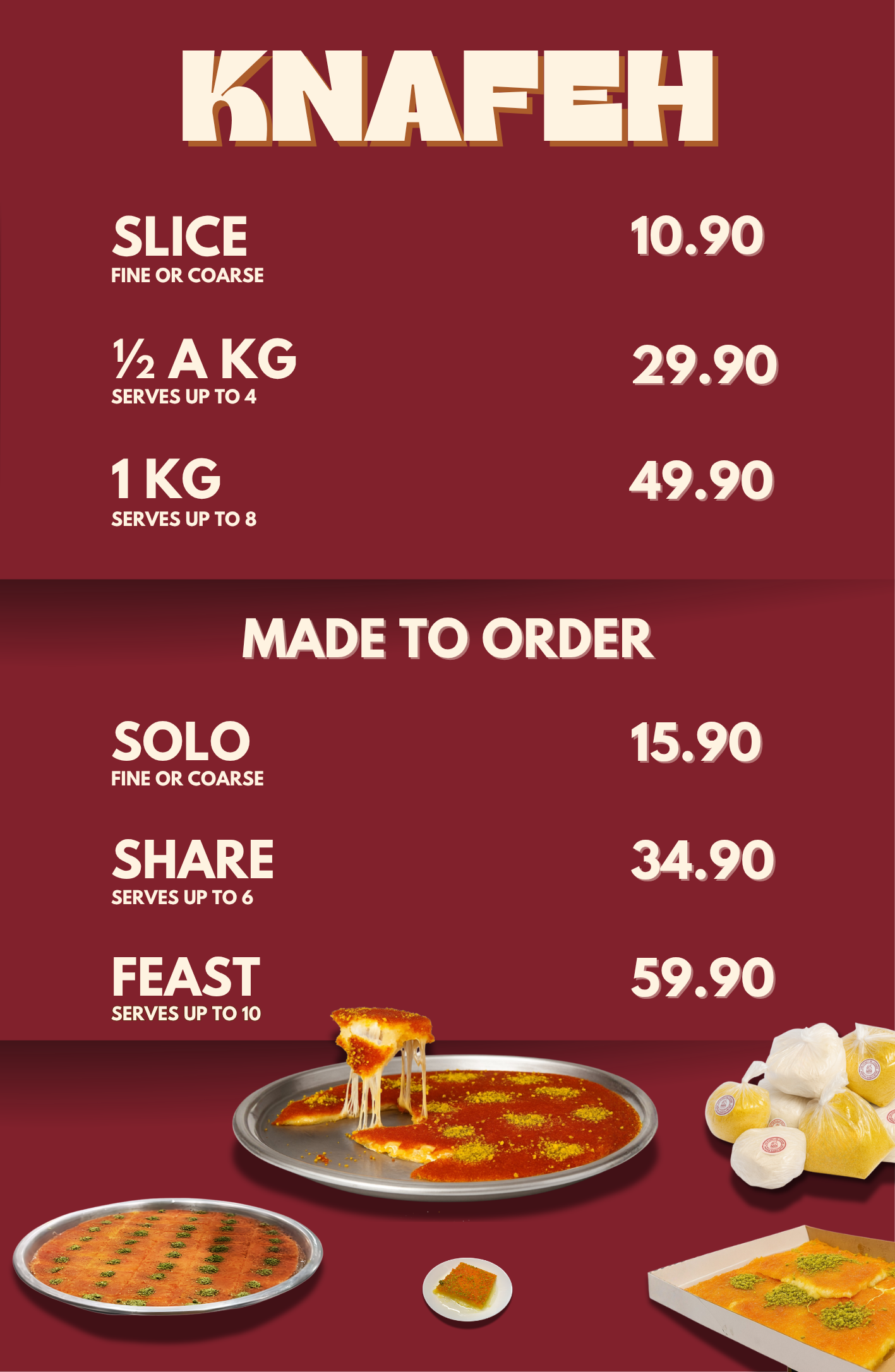 Menu showcasing different pizza options with prices and serving sizes, including slices, half a kilo, one kilo, and larger feasts with images of pizza and garlic balls.