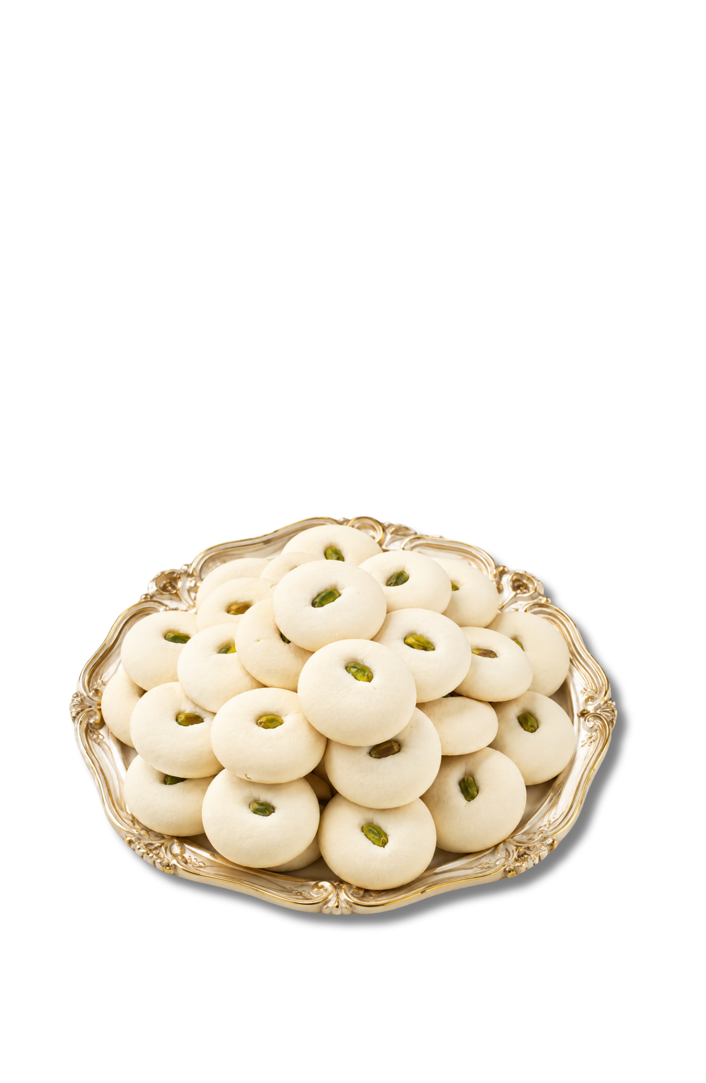 Traditional Palestinian graybe butter cookies, soft and crumbly, topped with pistachios.