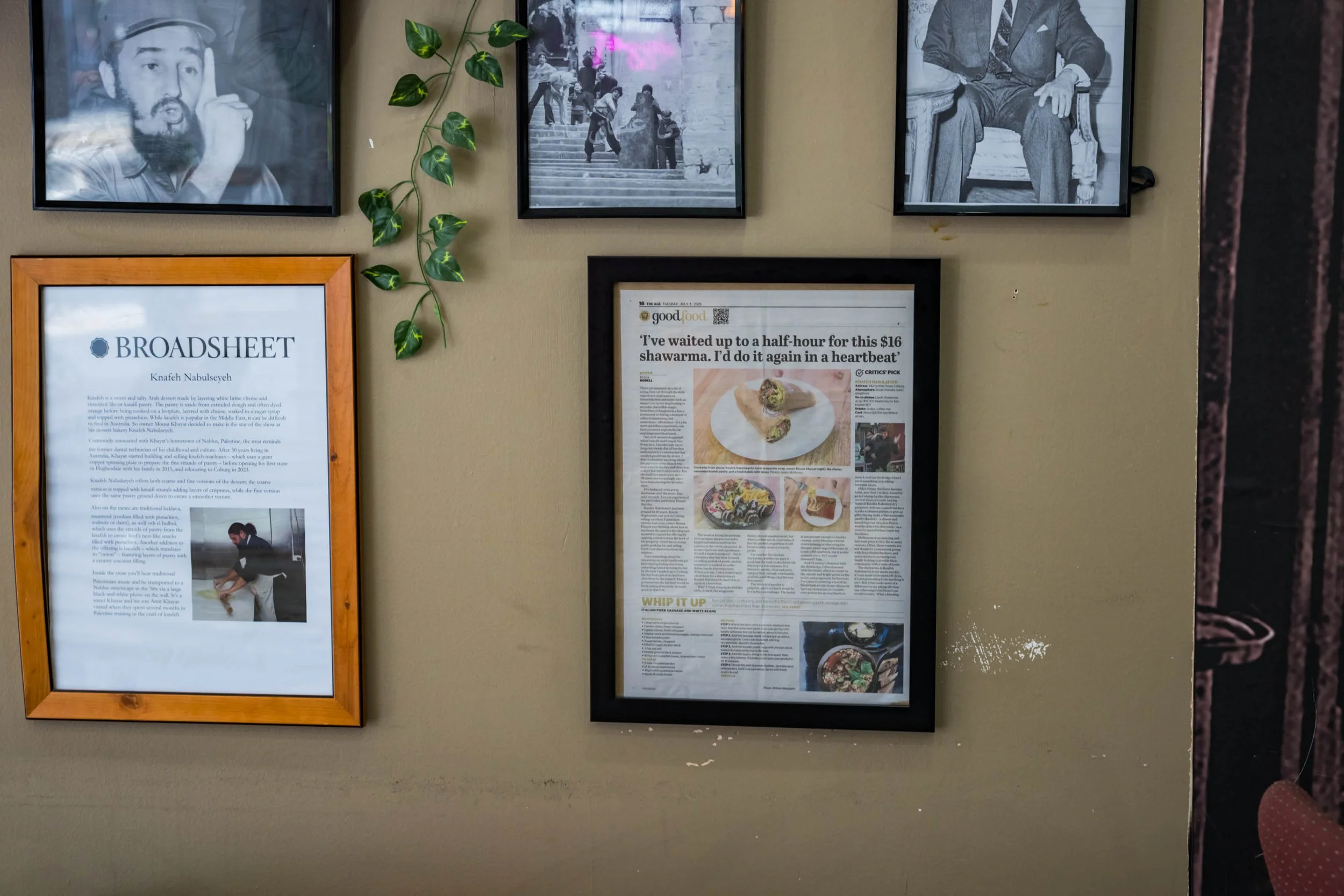 Photo of a wall decorated with framed pictures and a leafy vine plant. The images include black and white photographs and articles, some featuring people, alongside a menu or review. A pink neon sign is also visible in one of the pictures.