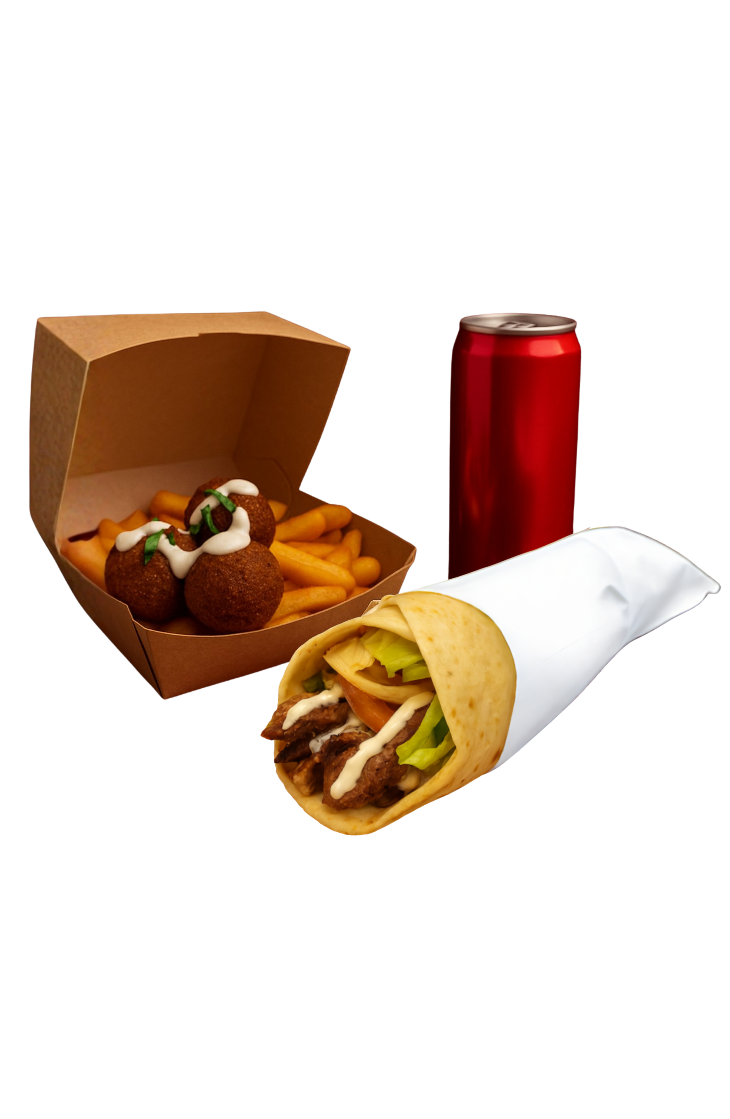 Middle Eastern shawarma combo with a freshly prepared shawarma wrap, sides and drink.