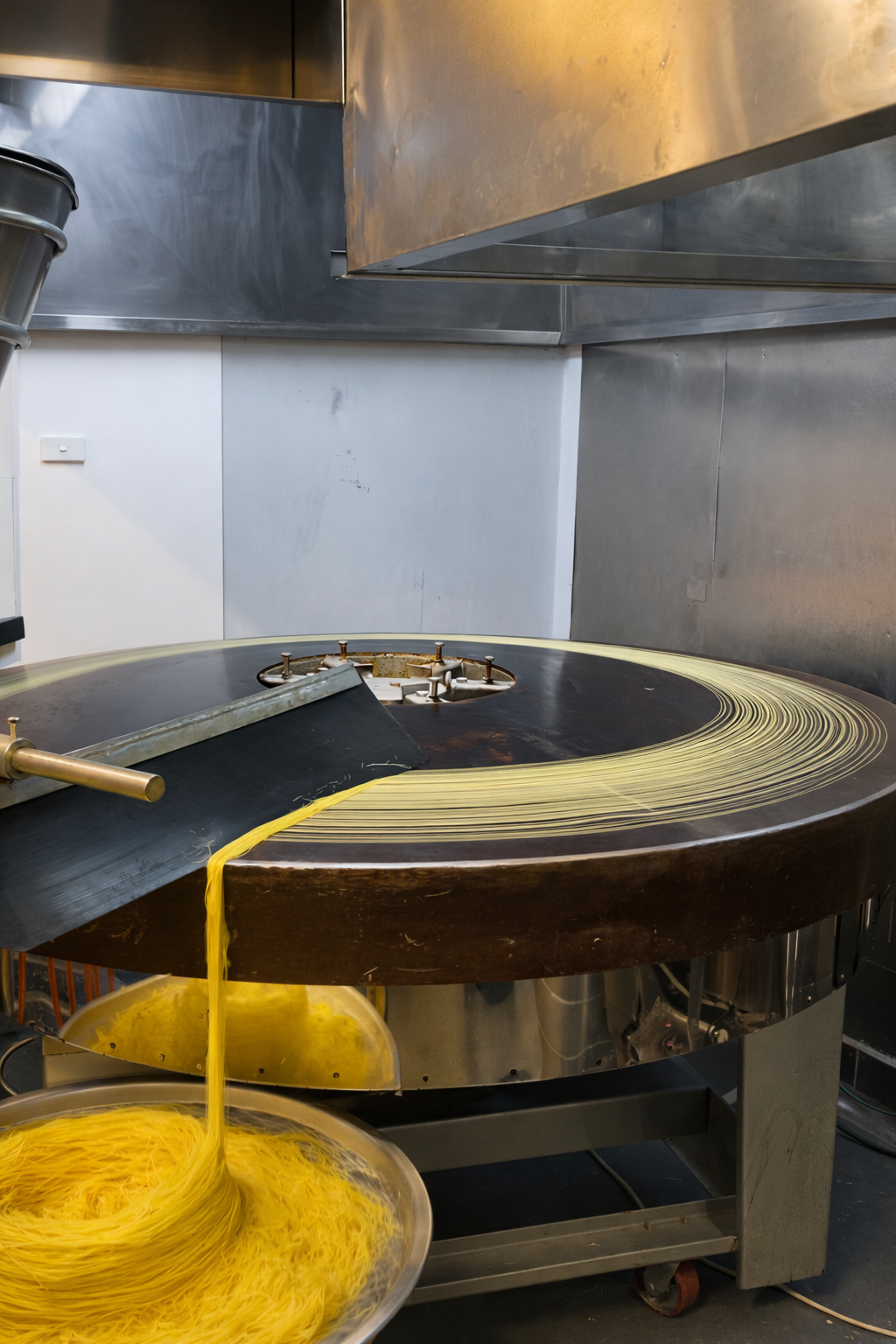 Making fresh pasta with a pasta machine in a commercial kitchen.