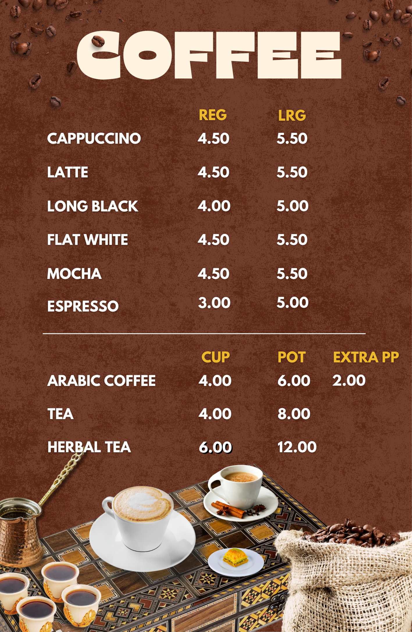 Coffee shop menu with various coffee and tea options, prices, and images of coffee cups and coffee beans.