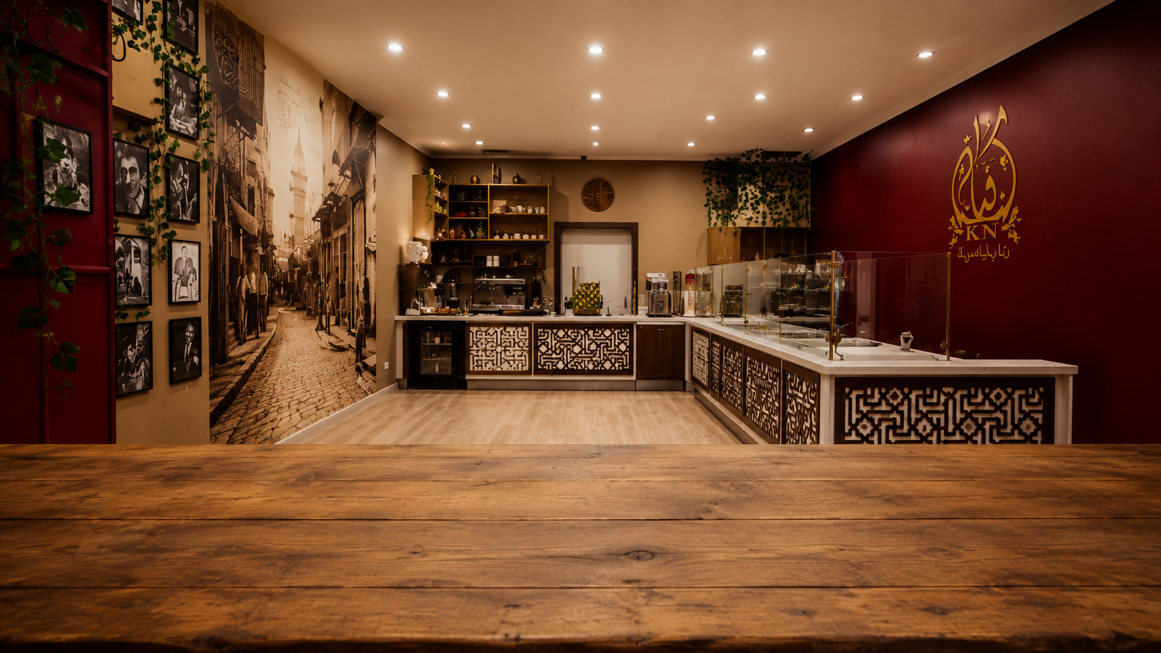 Interior of Knafeh Nabulseyeh in Coburg, a Palestinian and Middle Eastern food shop with a traditional warm-toned shopfront and dining backdrop.