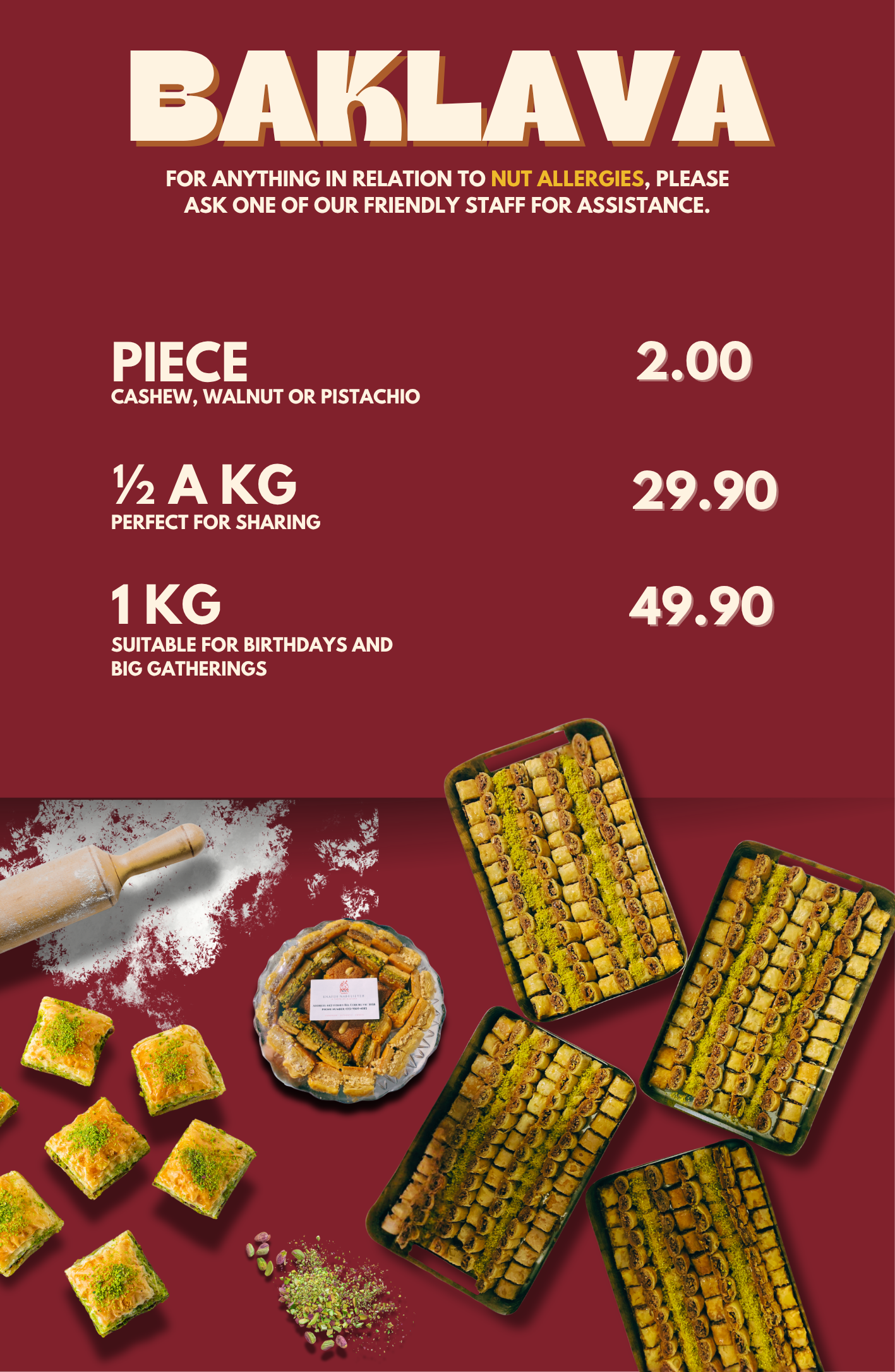 Sign with text promoting baklava for nut allergy sufferers, and images of baklava desserts and ingredients on a maroon background.