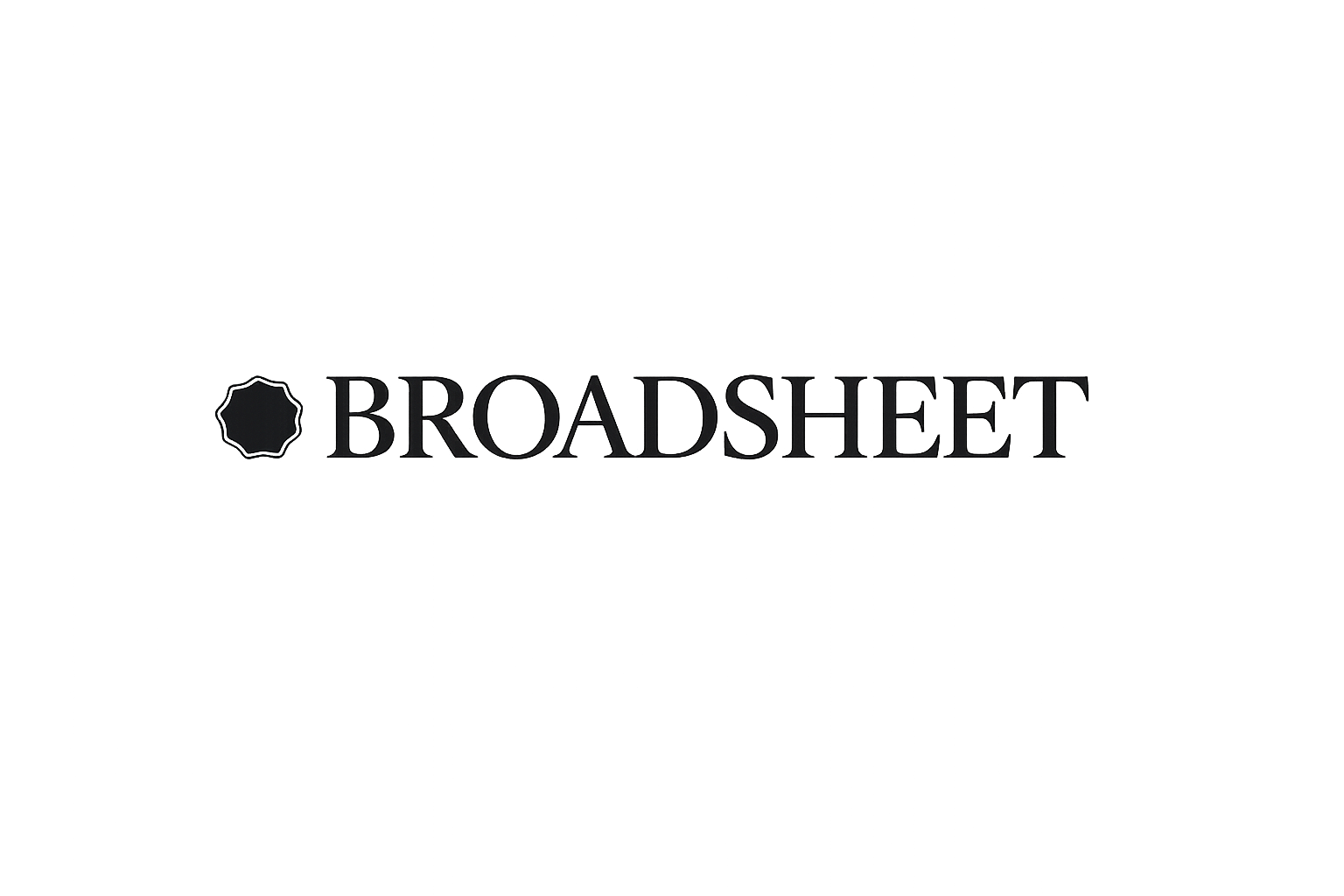 Black background with the White BroadSheet logo, which includes a stylized star shape and the word 'BROADSHEET' in black uppercase letters.