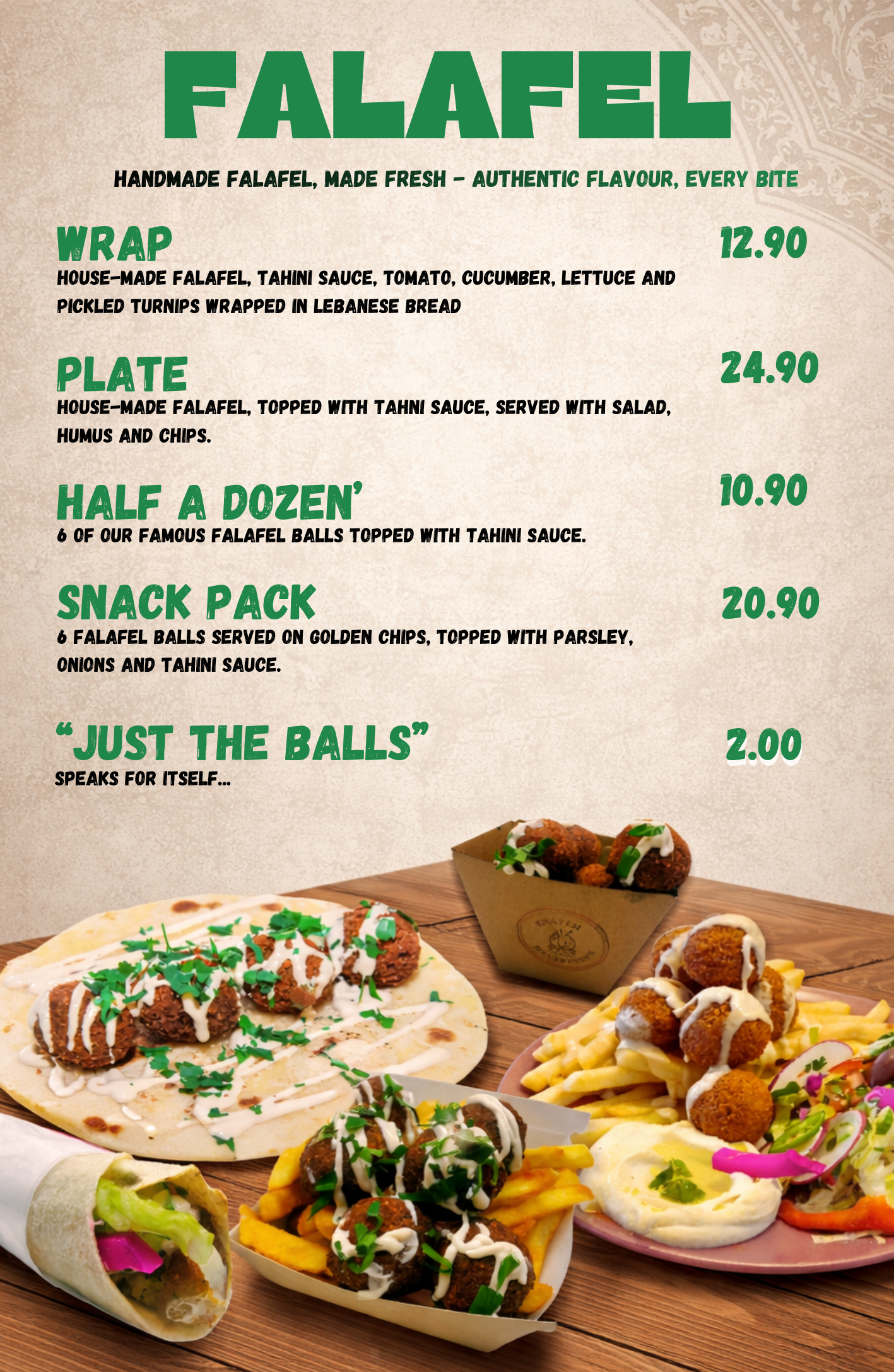 Various falafel dishes including wraps, plates, half-dozen falafel balls, snack packs, and just the balls, with detailed descriptions and prices listed on a menu.