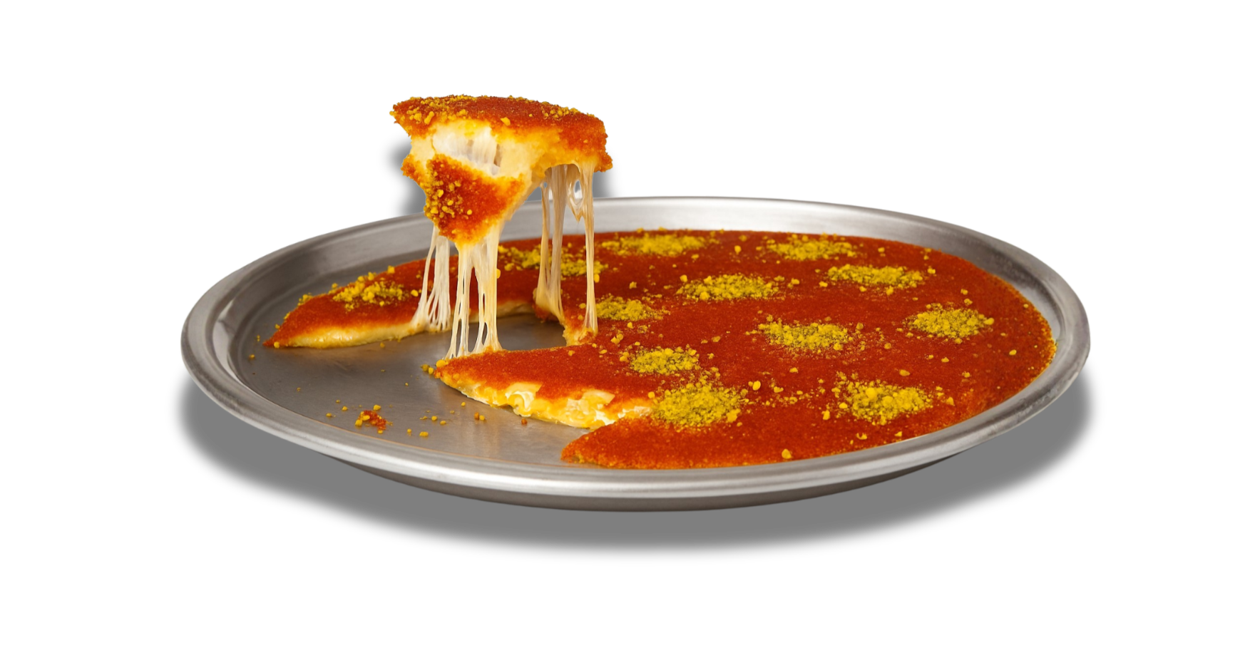 A metal plate with slices of cheese pizza covered in red sauce and yellow seasoning, with one slice being lifted and cheese stretching.