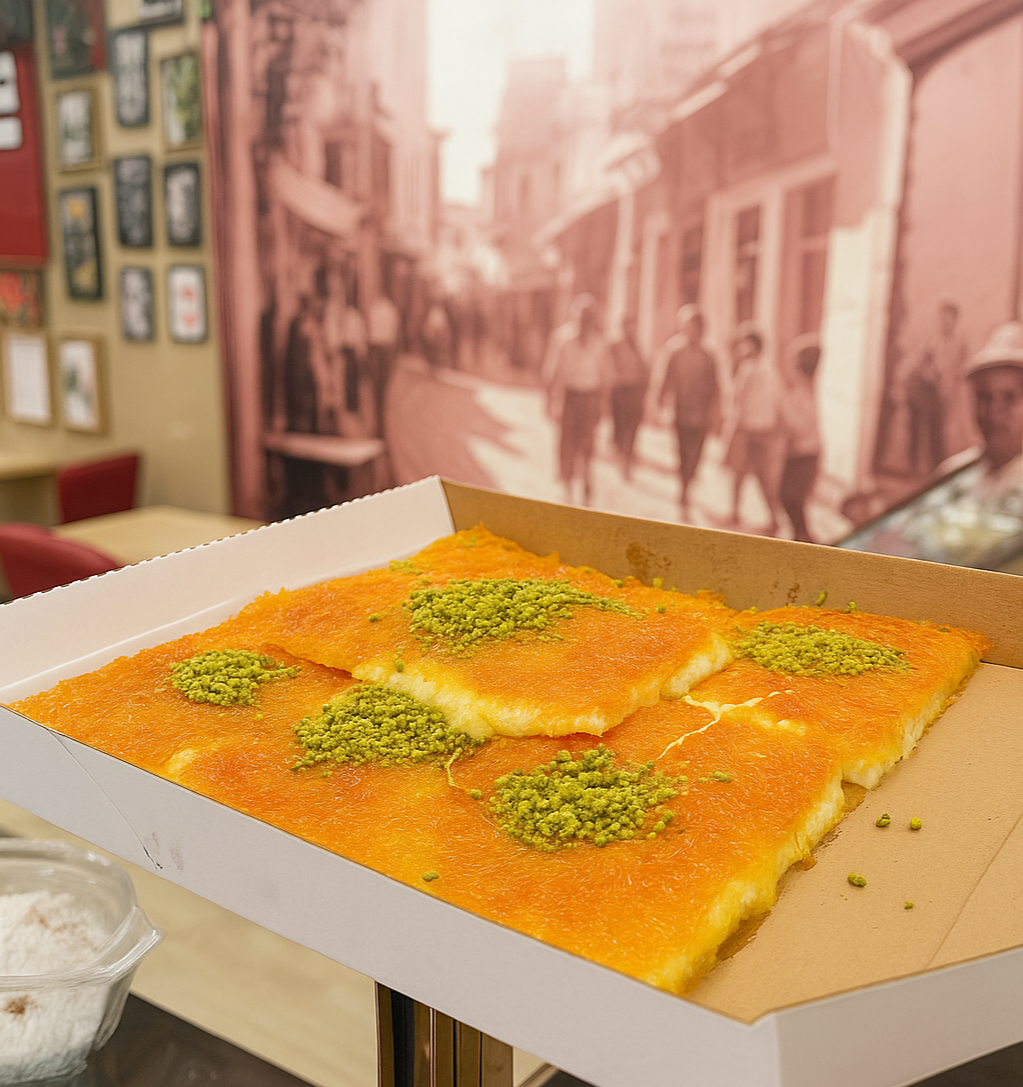 Baklava topped with crushed pistachios in a bakery or cafe setting with a blurred mural of city streets in the background.