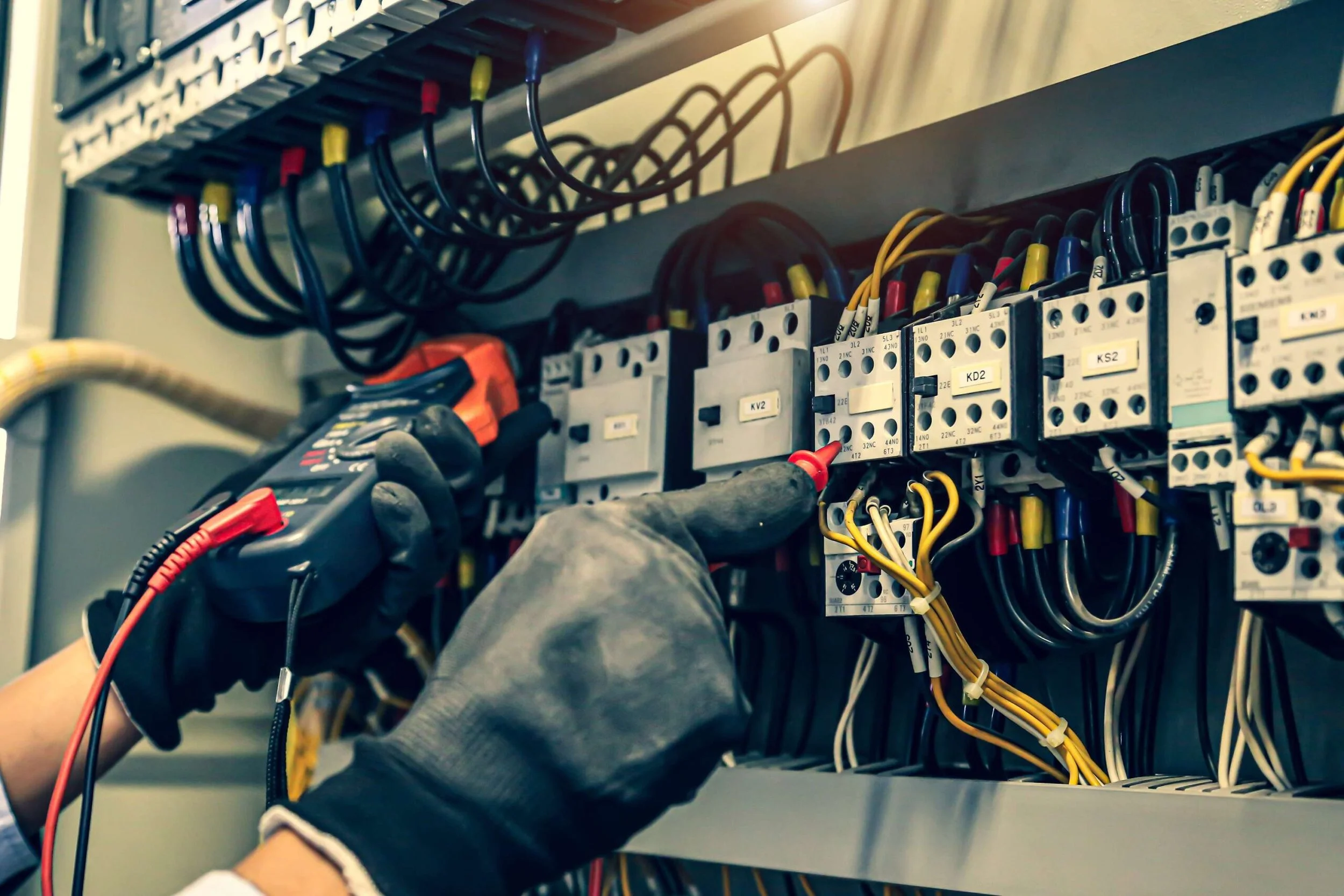 Electrician wearing gloves testing wiring inside an electrical panel using a multimeter.