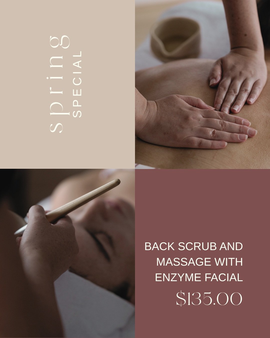 SPRING SPECIAL &mdash; $135 🤍

Shake off winter and give your body and skin a fresh start at Grounded Body and Skin!

Here is what&rsquo;s included:
- Exfoliating Back Scrub to shed dry winter skin
- Relaxing Back Massage to melt away stress
- Radia