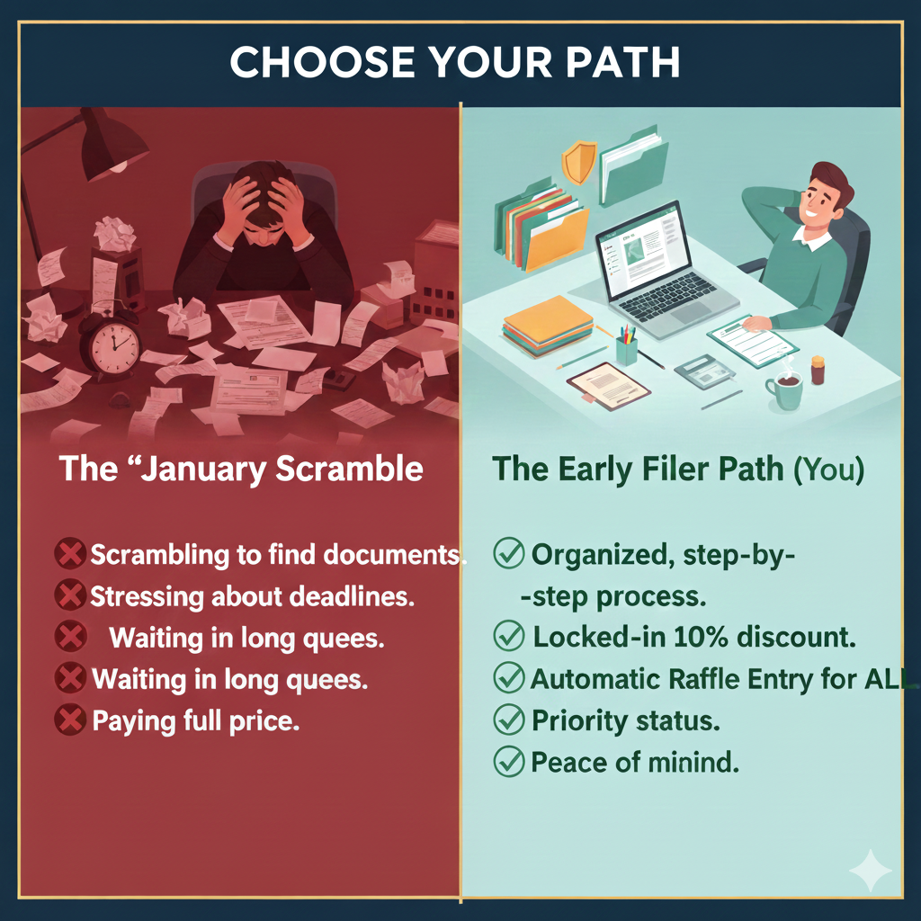 An infographic contrasts two work paths: The chaotic January Scramble on the left with a stressed person surrounded by papers and clutter, and the organized Early Filer Path on the right with a smiling person at a tidy desk with folders, a laptop, and office supplies. The infographic lists disadvantages of the scramble and advantages of the structured approach.