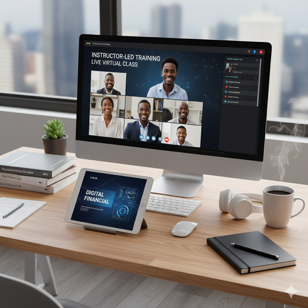 Computer monitor displaying a virtual training class with five smiling participants. On the desk are a tablet displaying 'Digital Financial', a notebook with a pen, a potted plant, a cup of coffee, a pair of headphones, and a wireless mouse.