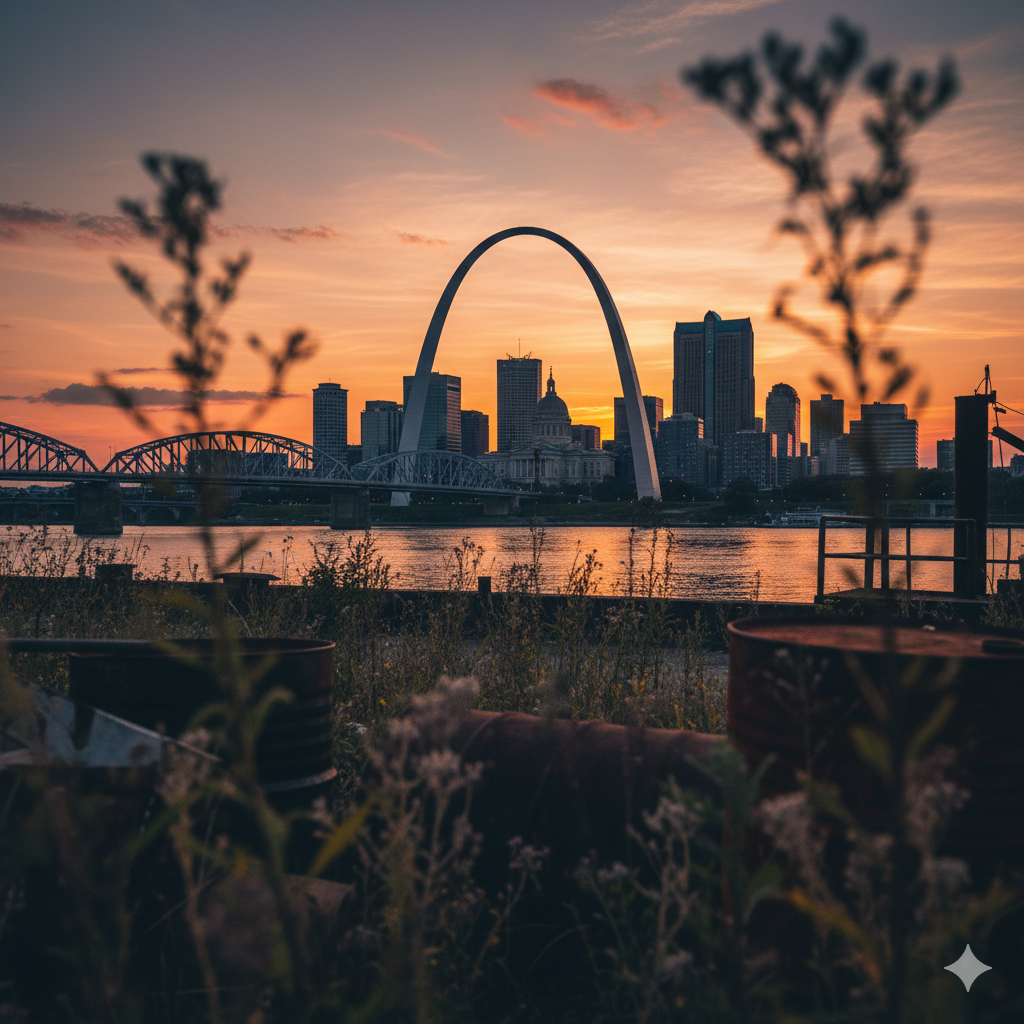 Sunset over downtown St. Louis with the Gateway Arch prominently in the center, water in the foreground, and some dillweed plants and rusted barrels in the front.