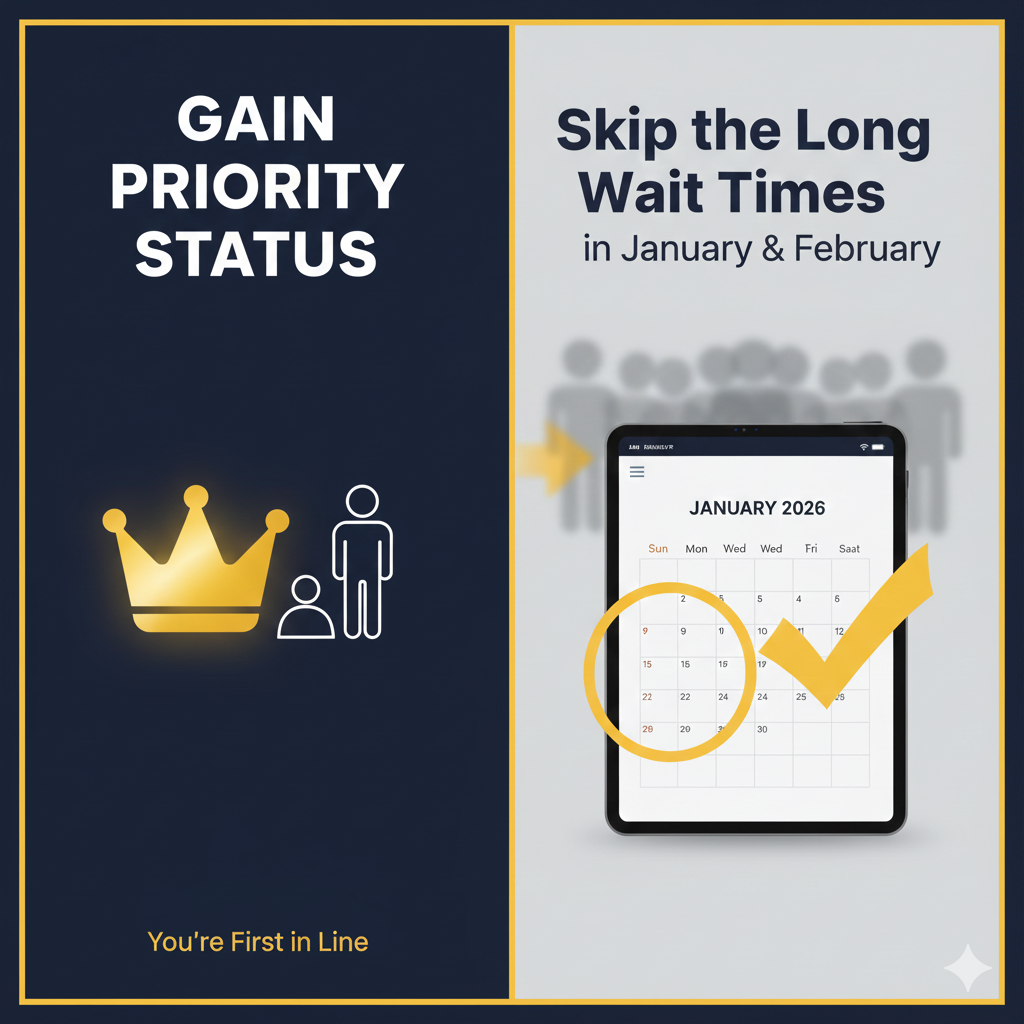 Advertisement highlighting the benefits of gaining priority status to skip long wait times in January and February, featuring a calendar and a check mark on a digital device.