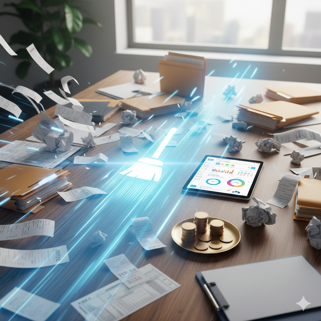 Office desk with scattered papers, crumpled documents, a tablet displaying charts, a gold plate of stacked coins, folders, and a broom icon with a glowing bluish streak suggesting digital cleanup or organization.