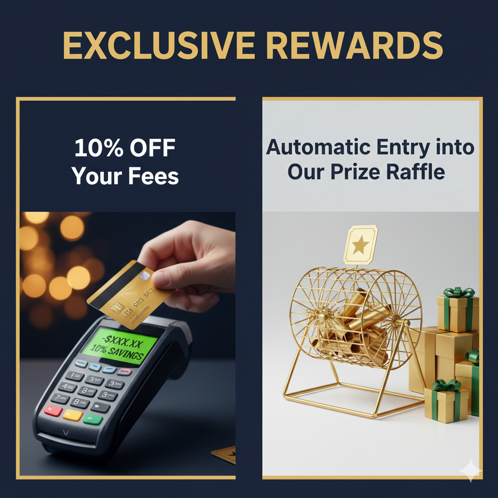 Promotional advertisement for exclusive rewards offering 10% off fees and automatic entry into a prize raffle. The left side shows a hand inserting a credit card into a payment terminal, with a green screen indicating a 10% savings. The right side features a gold raffle drum with a ticket inside and wrapped gift boxes beside it.