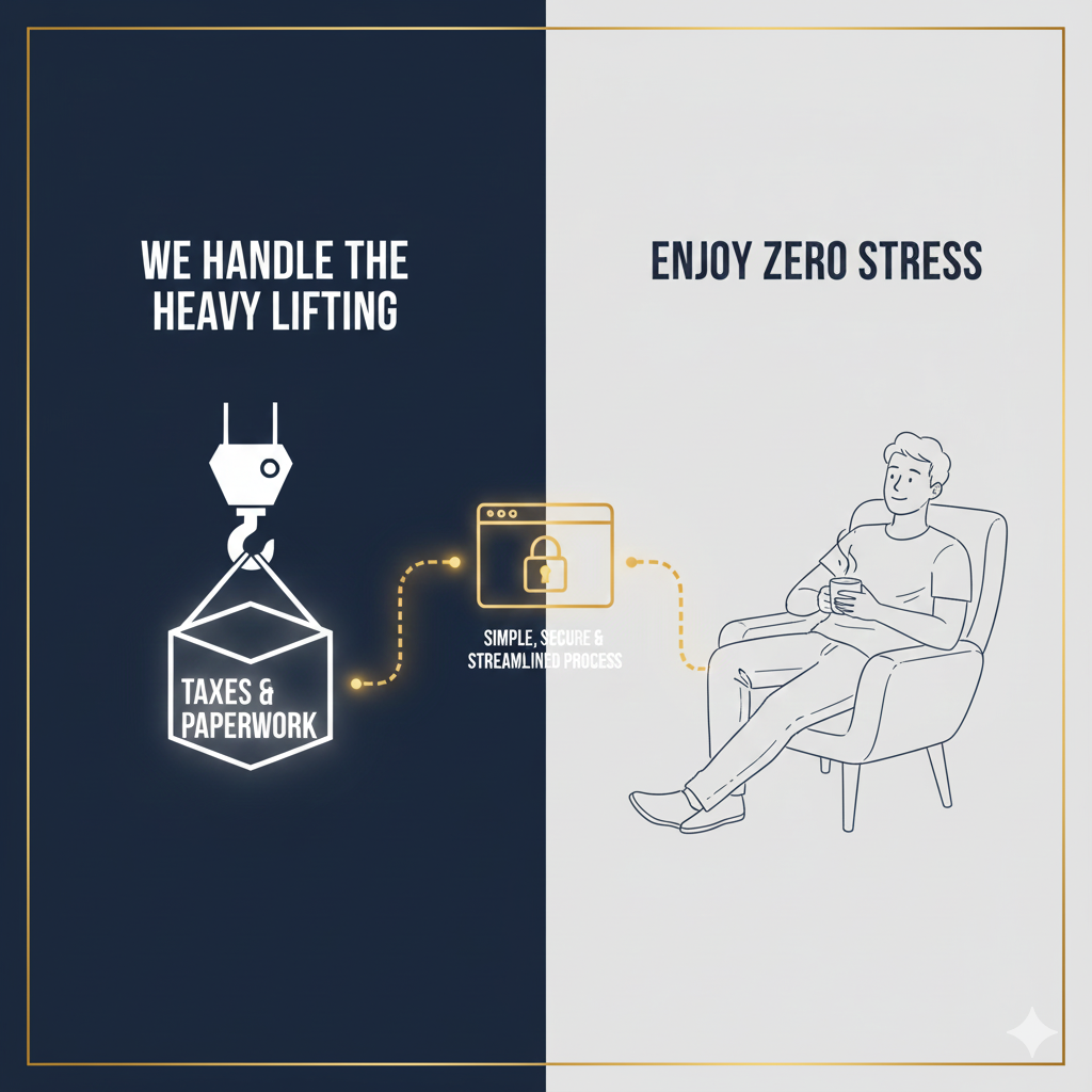 Infographic showing a person relaxing in a chair on the right with the text 'Enjoy Zero Stress' above and a graphic of a computer window with a lock on the left with the text 'We Handle the Heavy Lifting' and 'Taxes & Paperwork.' A dotted line connects the two sections with the annotation 'Simple, Secure & Streamlined Process'.