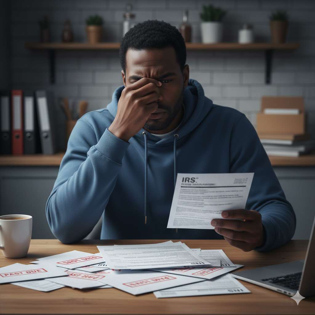 A man in a blue hoodie looks frustrated while reading a tax document, with multiple unpaid or overdue bills labeled "Fast Due" on the desk, in a home office setting.