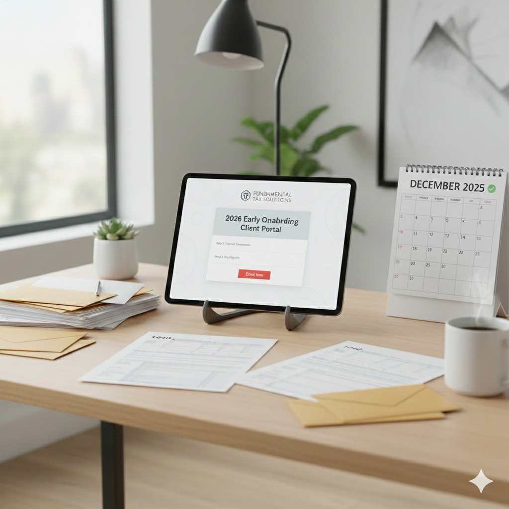 Office desk with various paperwork, a tablet displaying a login page, a calendar showing December 2025, a cup of coffee, a potted plant, and a window in the background.