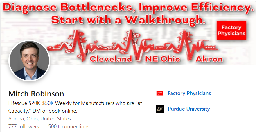 A LinkedIn profile page for Mitch Robinson with a header that reads, "Diagnose Bottlenecks, Improve Efficiency. Start with a Walkthrough," featuring red heart rate line graphics connecting Cleveland, NE Ohio, and Akron. The profile photo shows a smiling man in a suit, and the profile includes information about his work, location, followers, and connections.